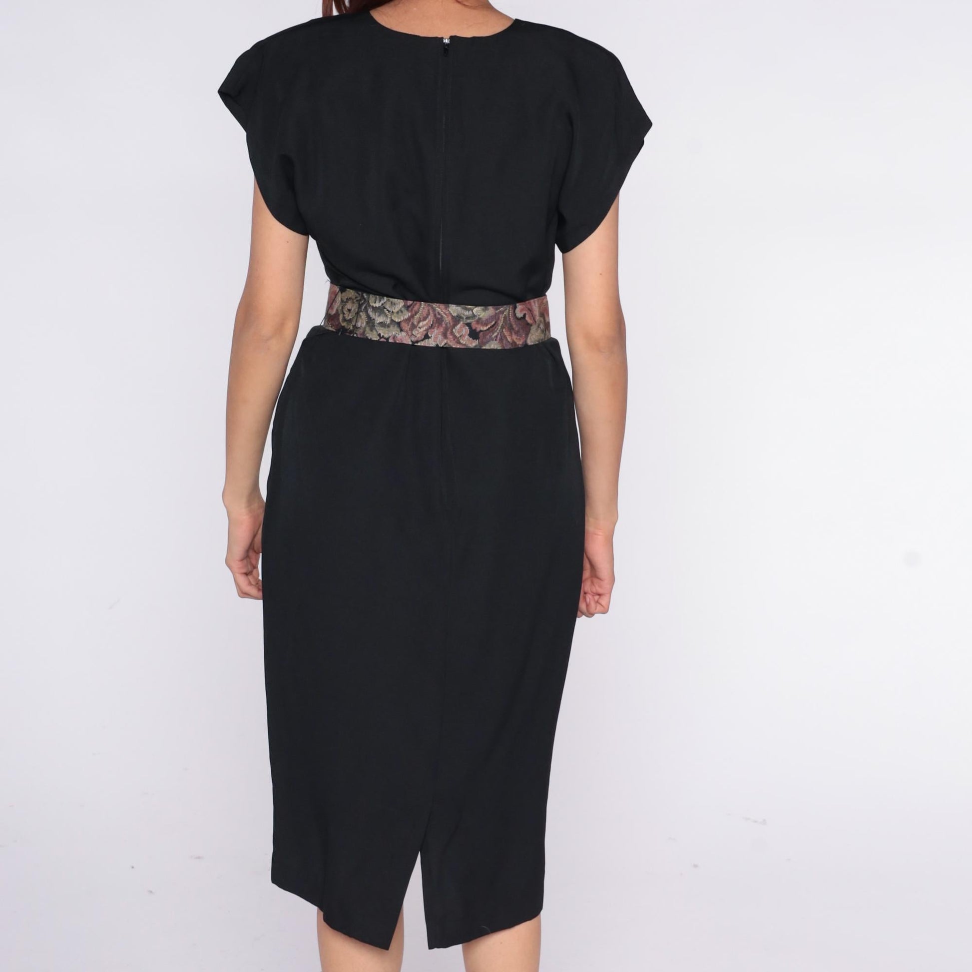 90s Black Midi Dress Crew Neck Cap Sleeve Shift Belted Medium