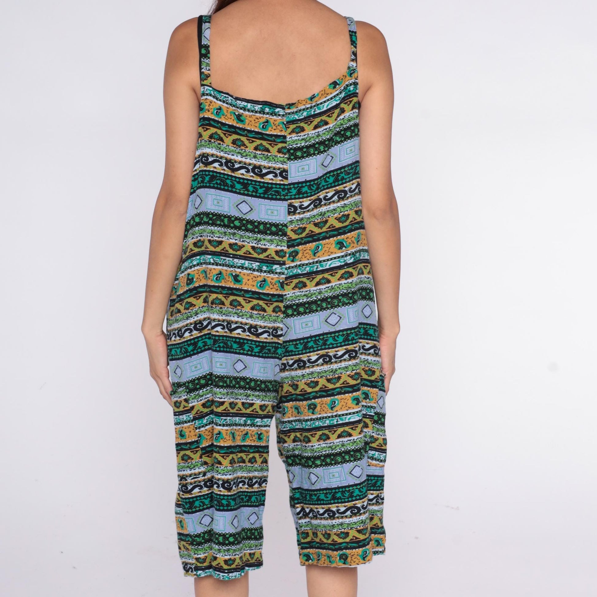 Y2K Striped Sleeveless Romper Geometric Print Teal Orange Mustard Medium