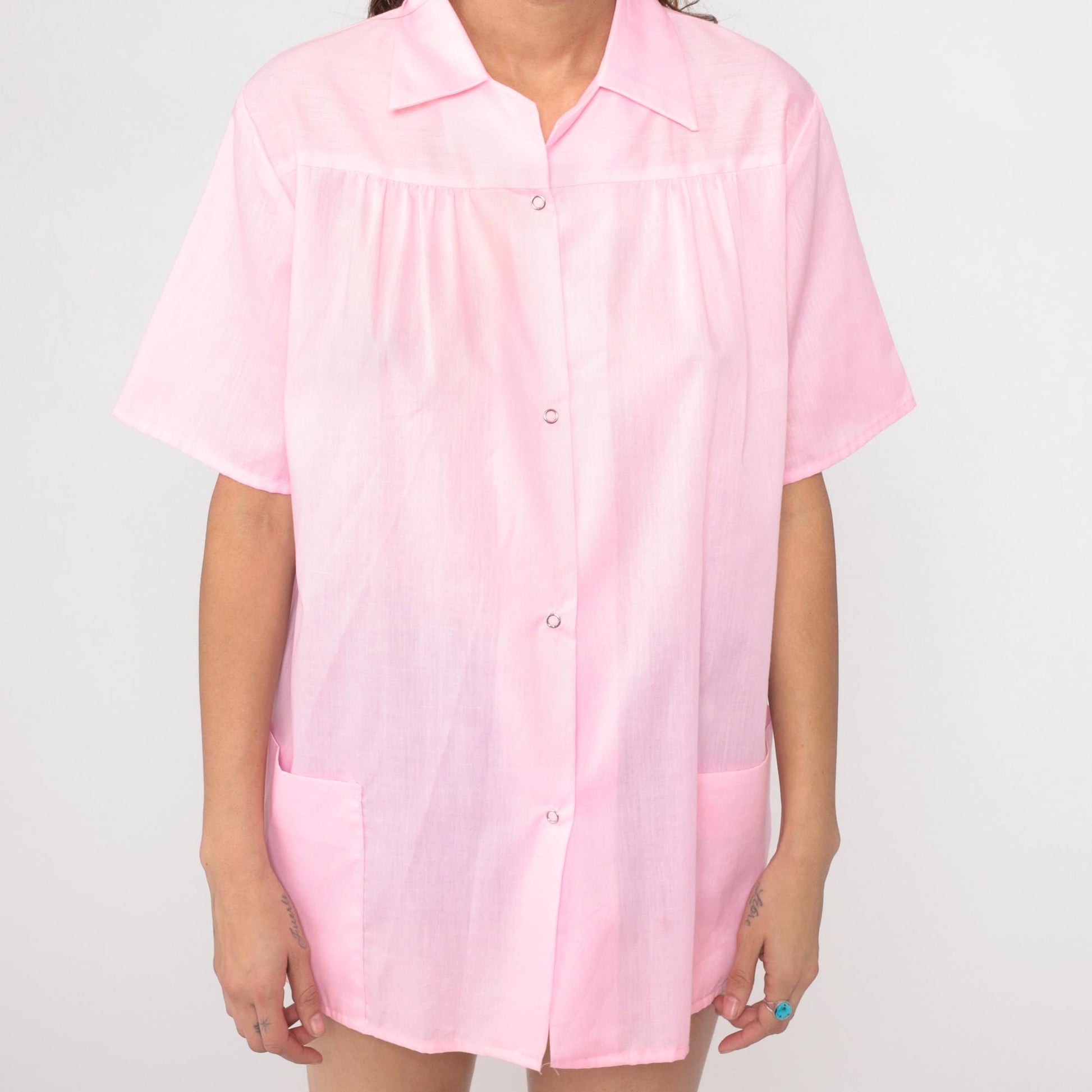 70s Kani of Kalifornia Pink Snap Front Tunic Blouse Large L
