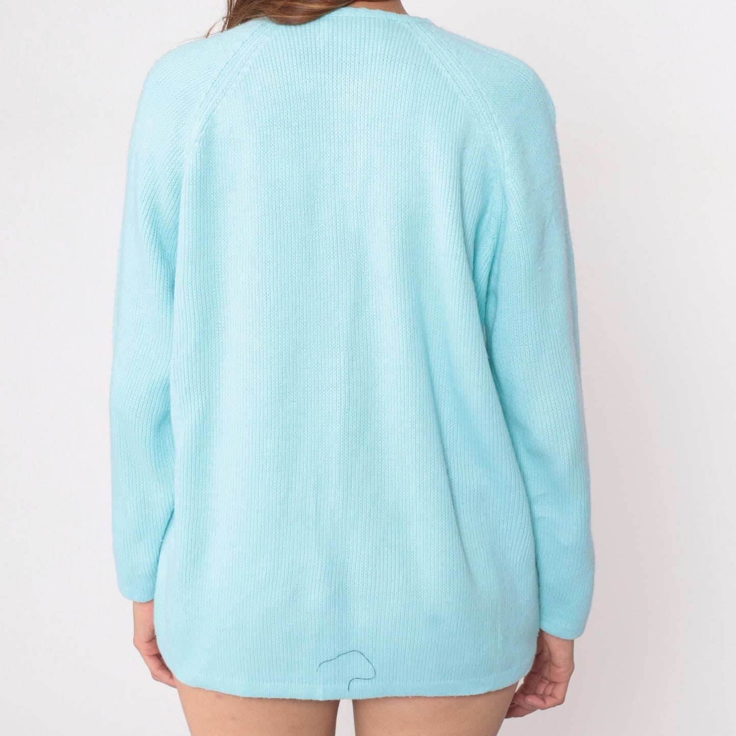70s Pale Blue Cardigan Embroidered Floral Button Front Knit Medium