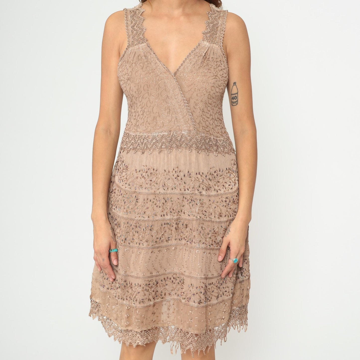 Y2K Beige Beaded Lace Midi Dress V-Neck Tiered Scalloped Hem Large