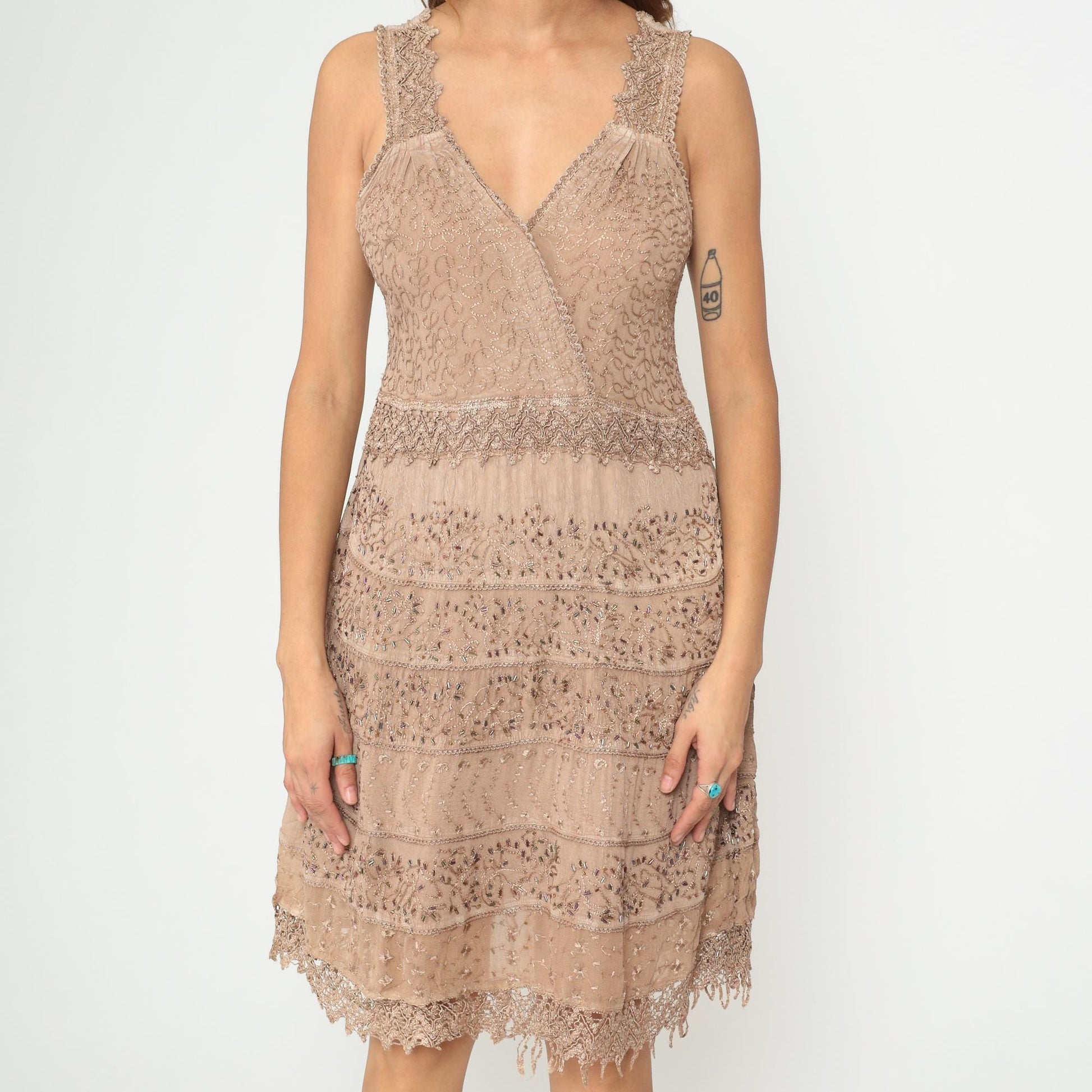 Y2K Beige Beaded Lace Midi Dress V-Neck Tiered Scalloped Hem Large