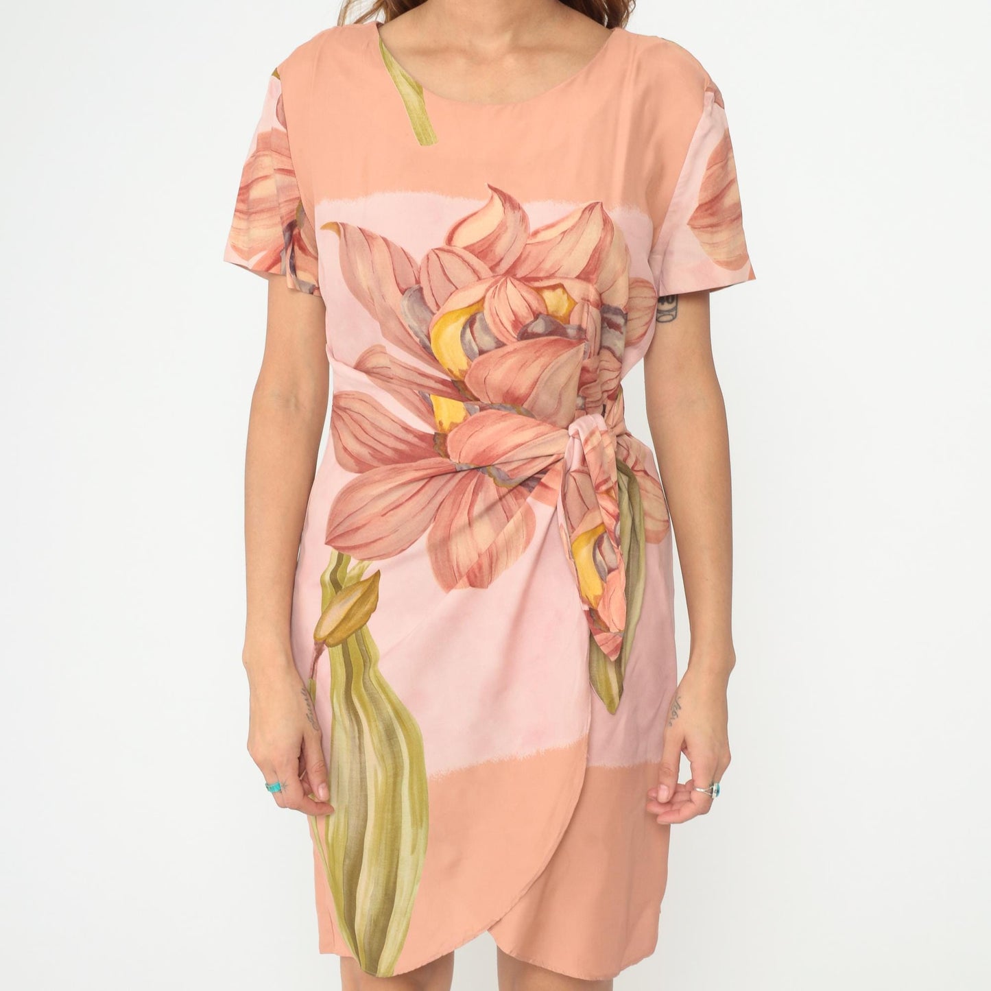 90s KC Spencer Floral Mini Dress Amaryllis Print Wrap Tie Waist Peach Medium