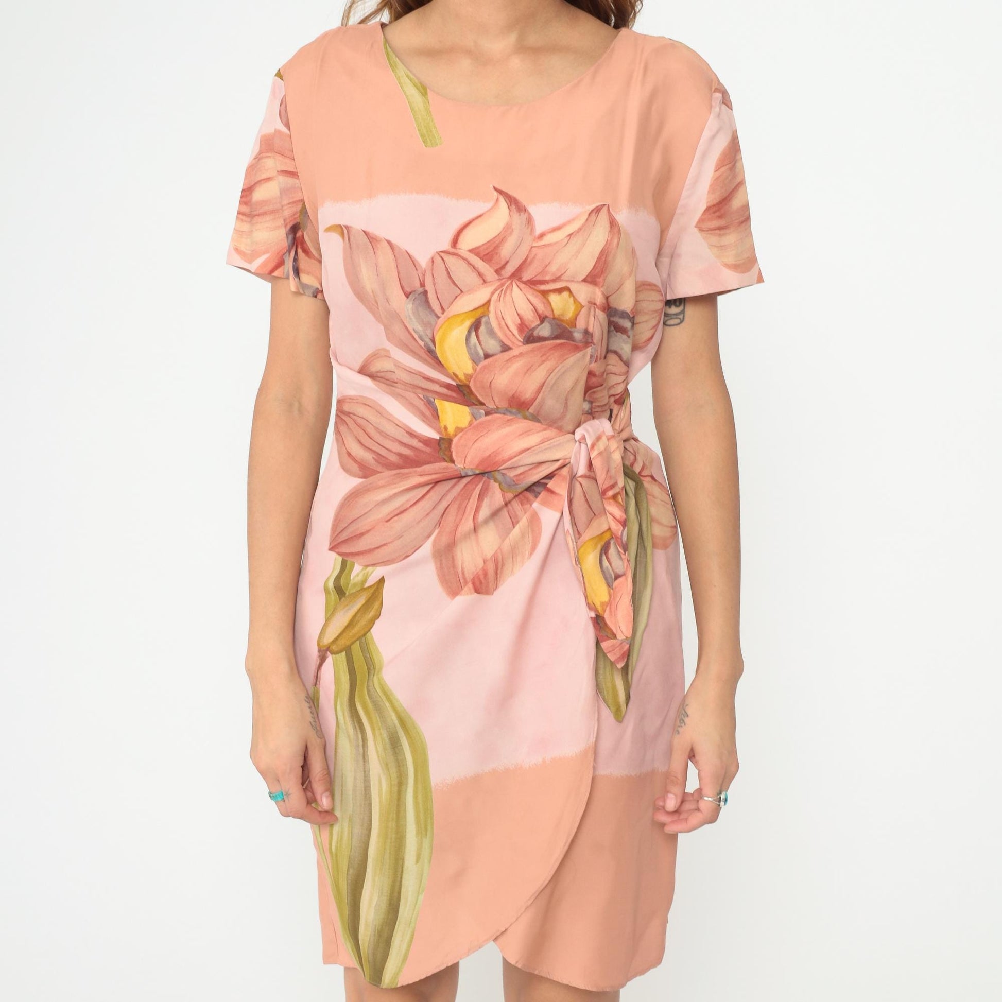 90s KC Spencer Floral Mini Dress Amaryllis Print Wrap Tie Waist Peach Medium