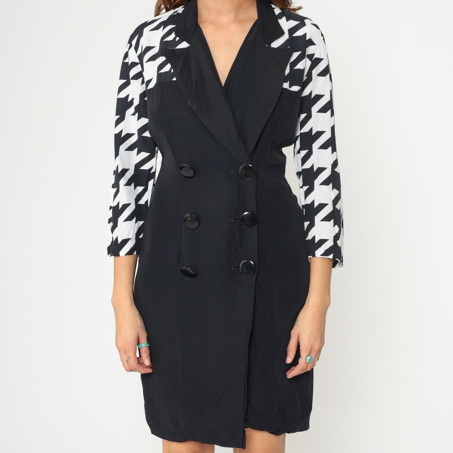 90s Scarlett Black Houndstooth Blazer Dress Double Breasted Mini Small S