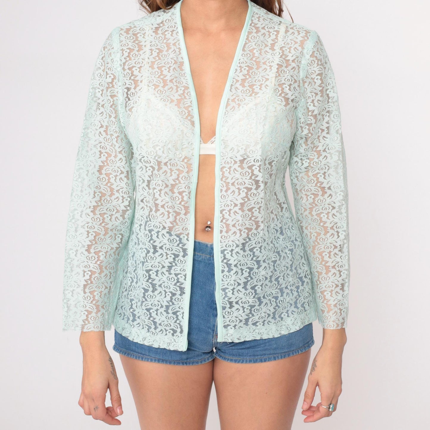 70s Montgomery Ward Mint Lace Cardigan Open Front Floral Small
