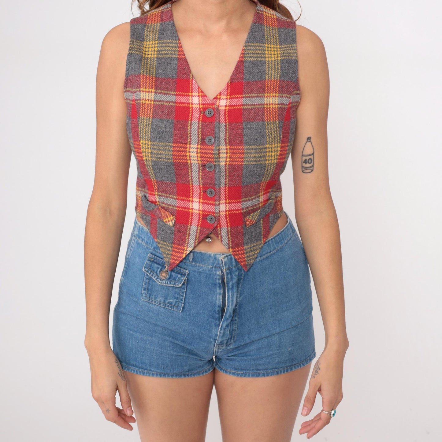 70s Bobbie Brooks Plaid Wool Vest Red Grey Gold V-Neck Extra Small XS