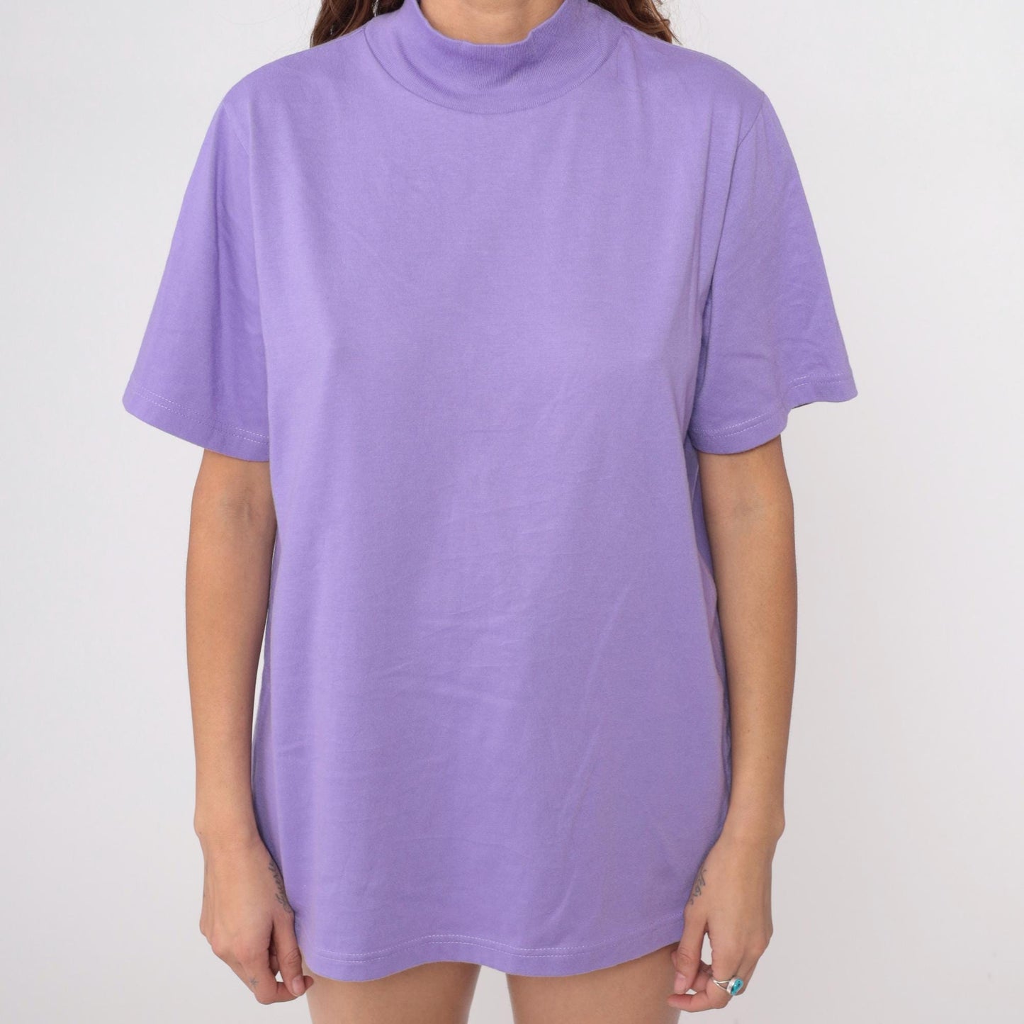 90s Roamans Lavender Mock Turtleneck Short Sleeve Cotton Top Large