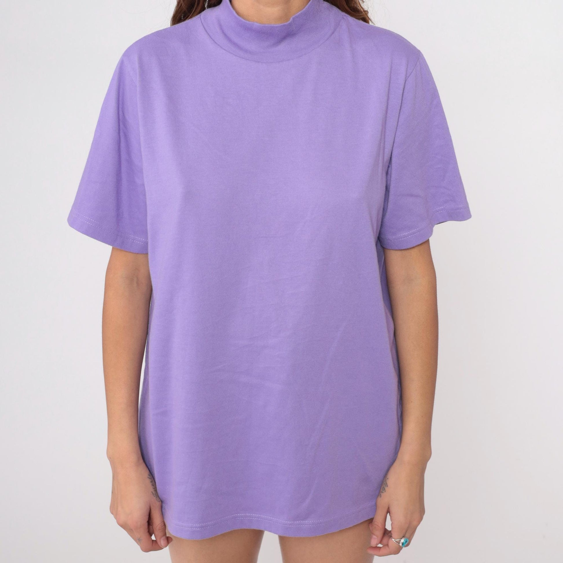 90s Roamans Lavender Mock Turtleneck Short Sleeve Cotton Top Large