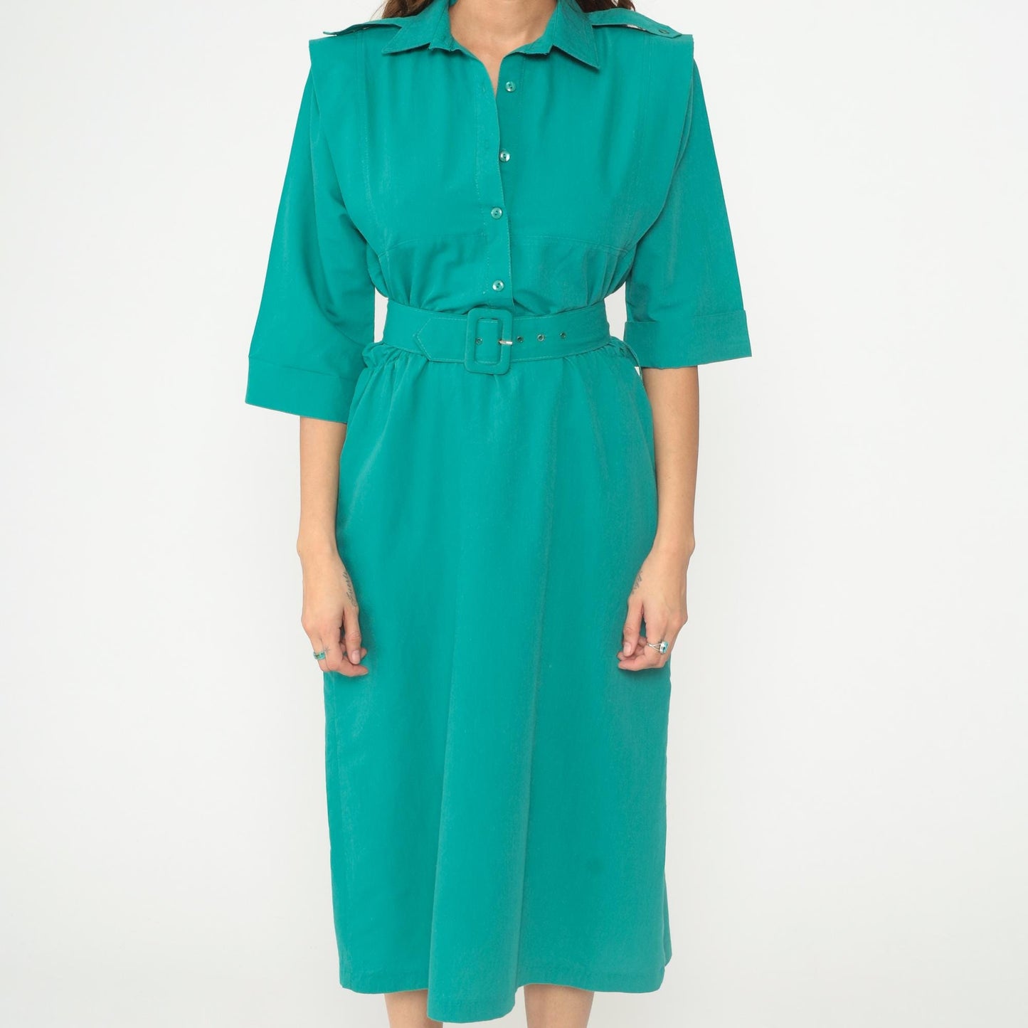 80s Teal Shirt Dress Button Front Belted Midi Structured Collar Medium