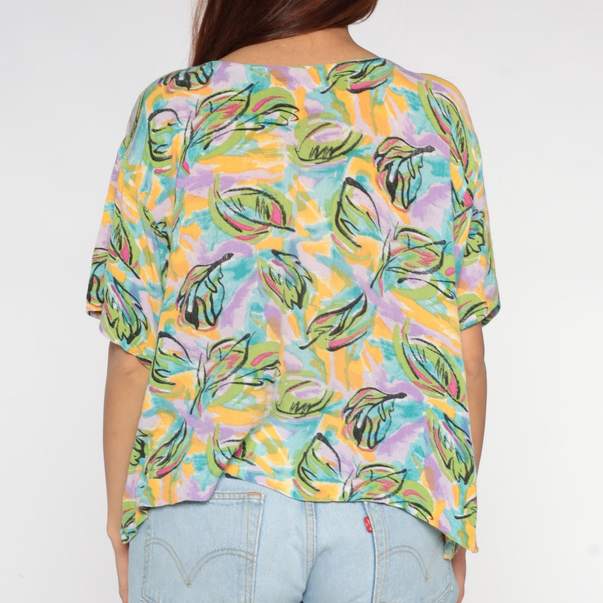 90s Forenza Tropical Leaf Print Button-Up Blouse Short Sleeve Medium M