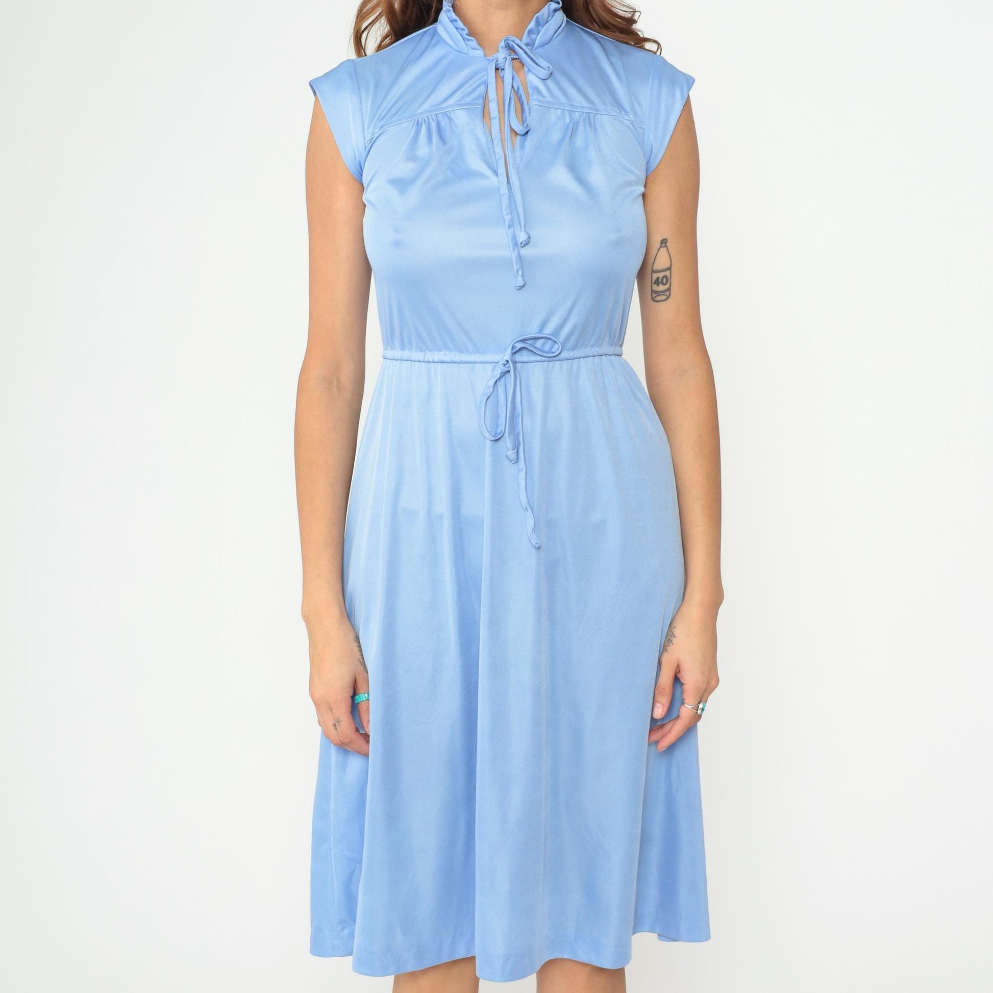 70s Powder Blue Midi Dress Tie Neck Bow Keyhole Cap Sleeve Belted Small