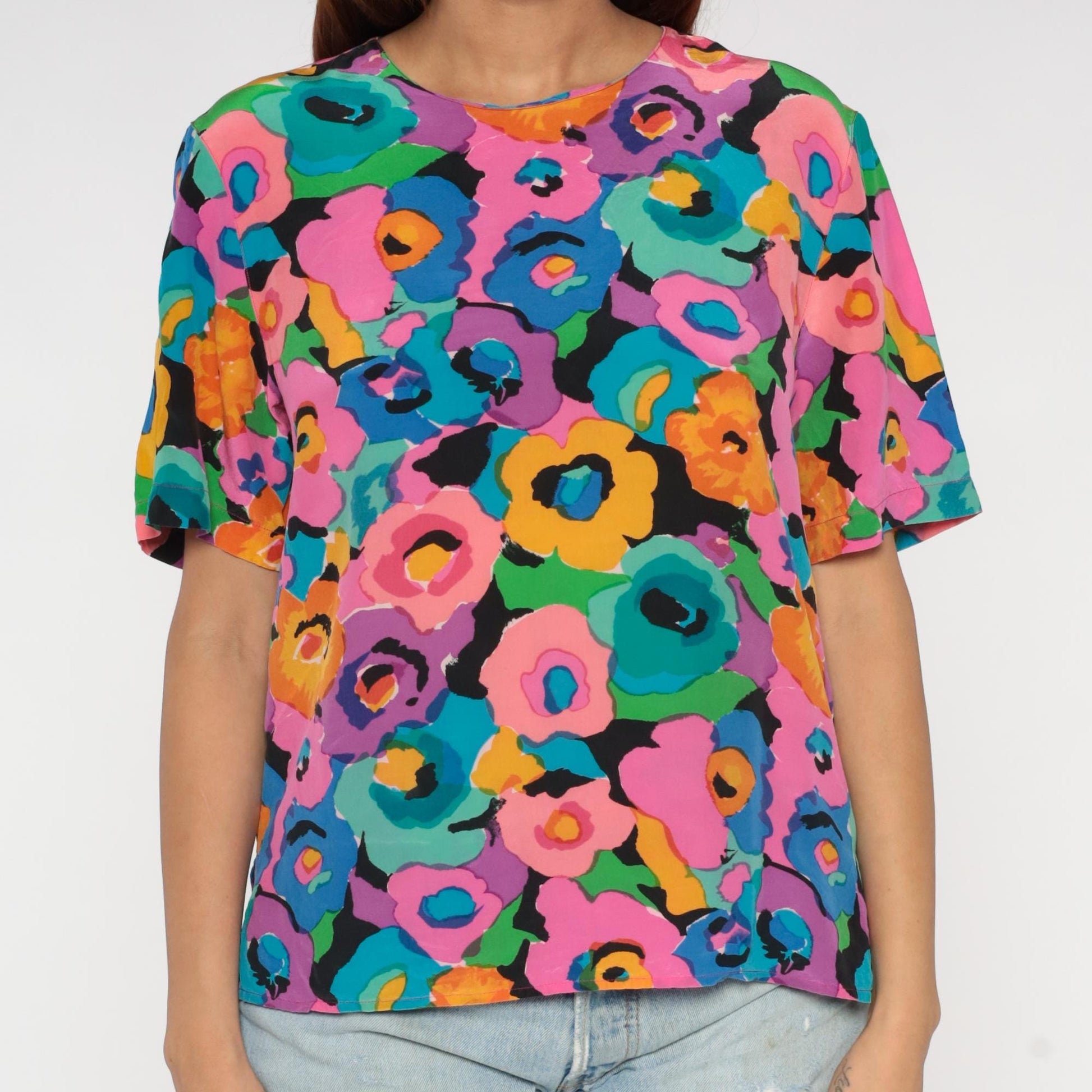 90s Spencer Jeremy Silk Blouse Abstract Floral Print Multicolor Medium M