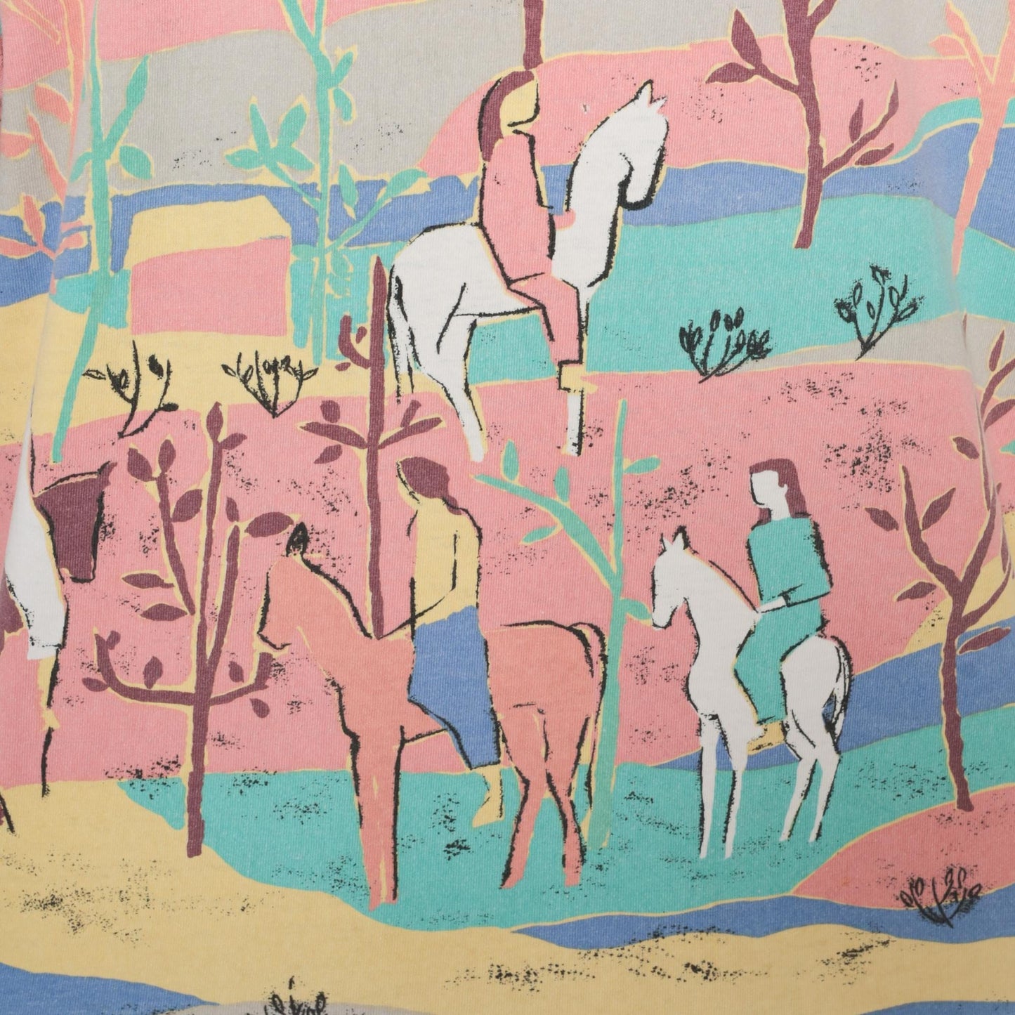 90s Pastel Horse Landscape Graphic V-Neck Tee Cotton Pink Blue Medium