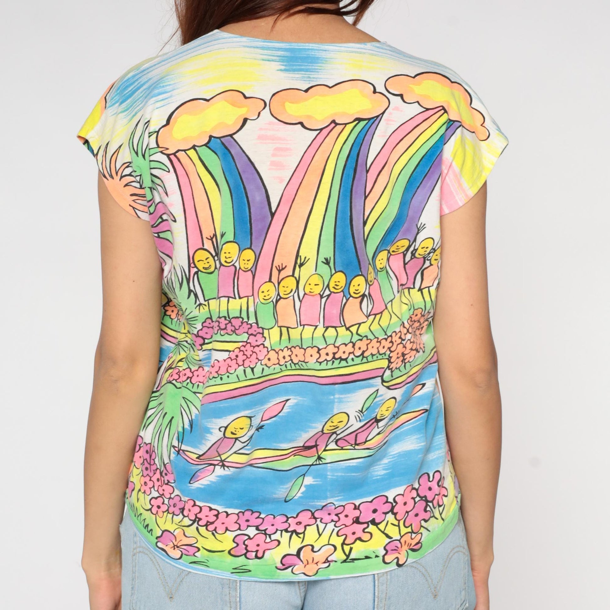 90s Rainbow Tropical Waterfall T-Shirt Cotton Graphic Tee Medium M