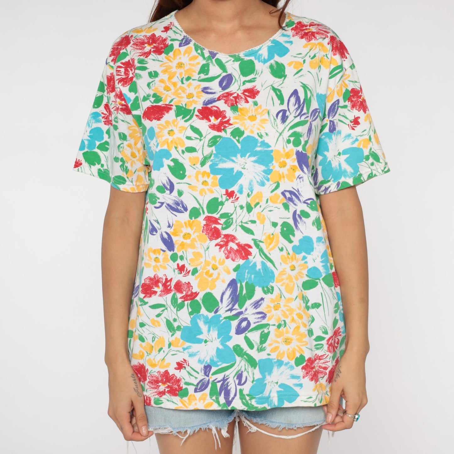 90s Basic Editions Floral T-Shirt Multicolor Watercolor Daisy White Large L