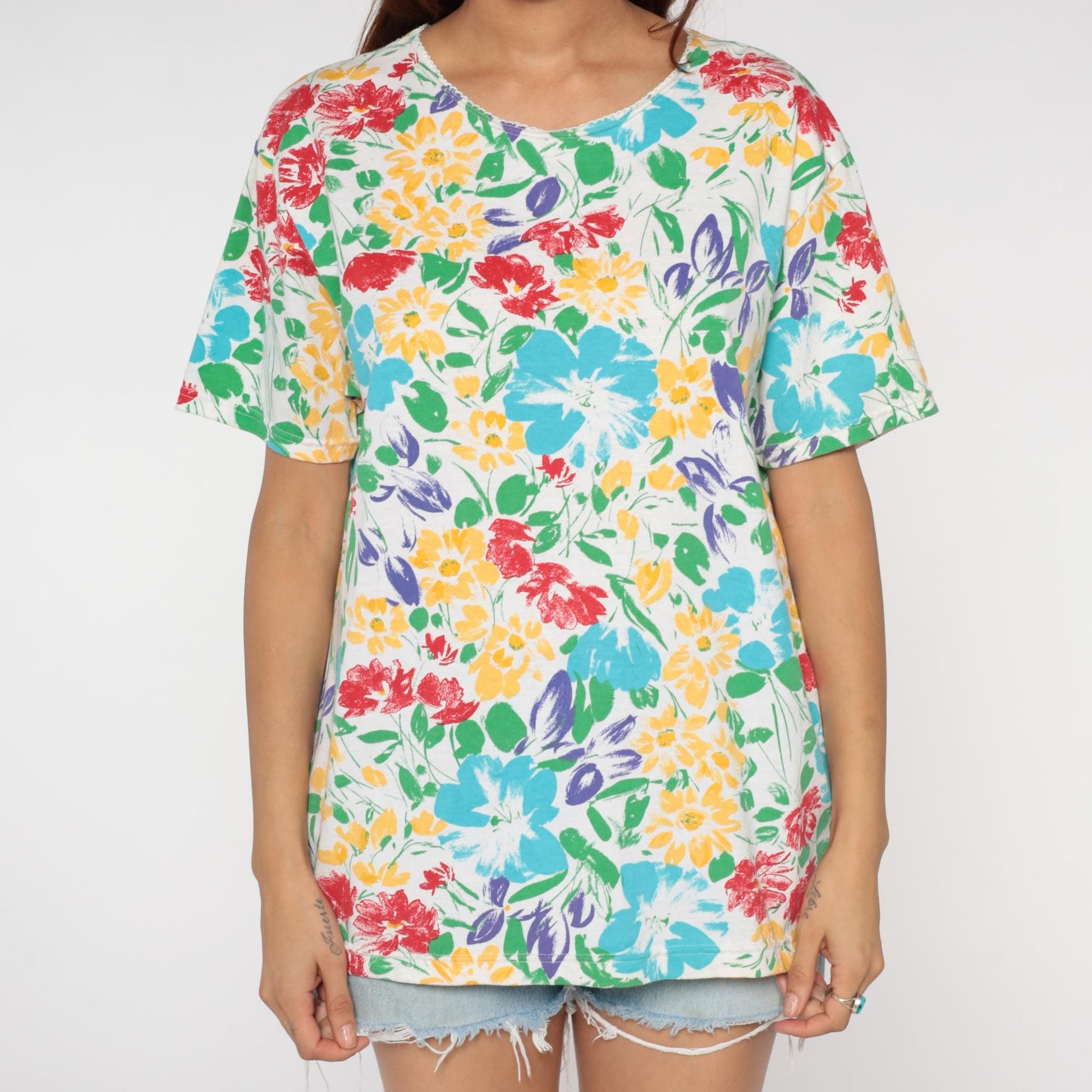 90s Basic Editions Floral T-Shirt Multicolor Watercolor Daisy White Large L
