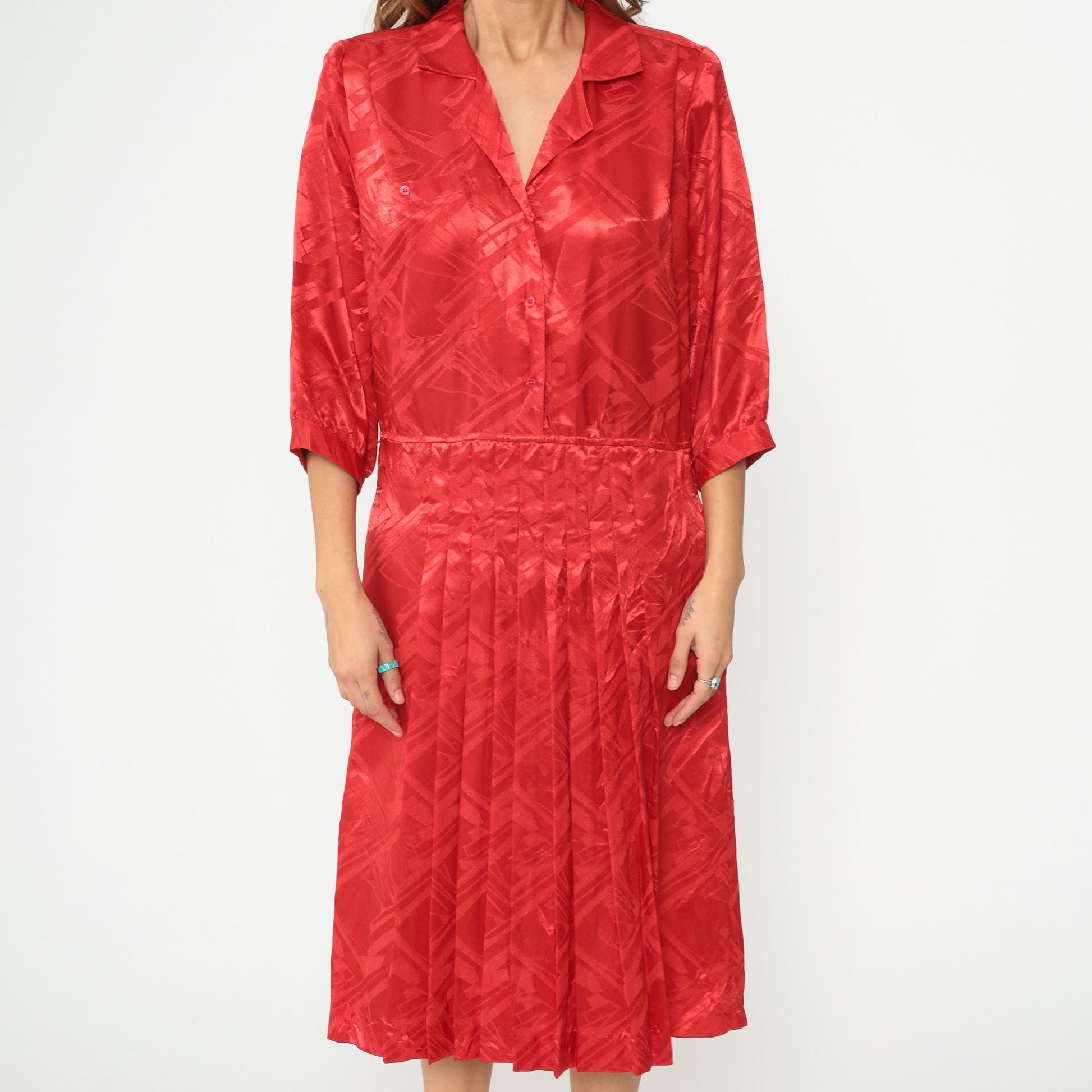 80s Red Midi Dress Button Front Pleated Jacquard Geometric Collar Medium