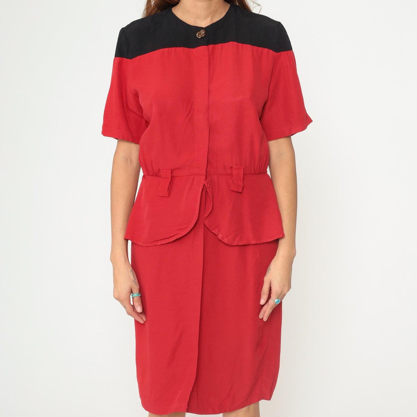 90s Color Block Midi Dress Red Black Peplum Button Front Short Sleeve Medium