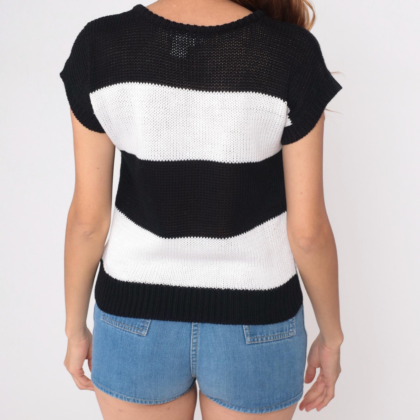 90s Campus Casuals Knit Top Black White Striped Crew Pullover Small S