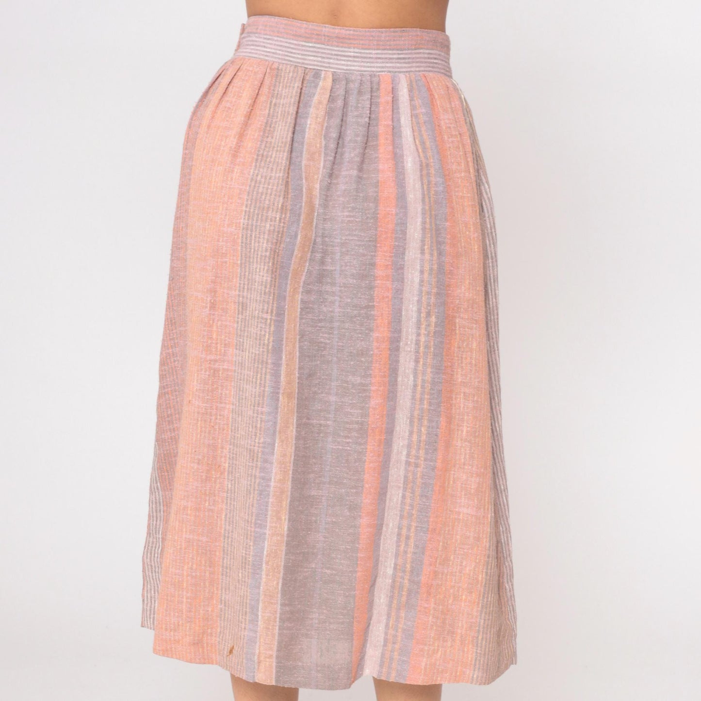 80s Striped Midi Skirt Peach Grey Cream Elastic Waist Pockets Small