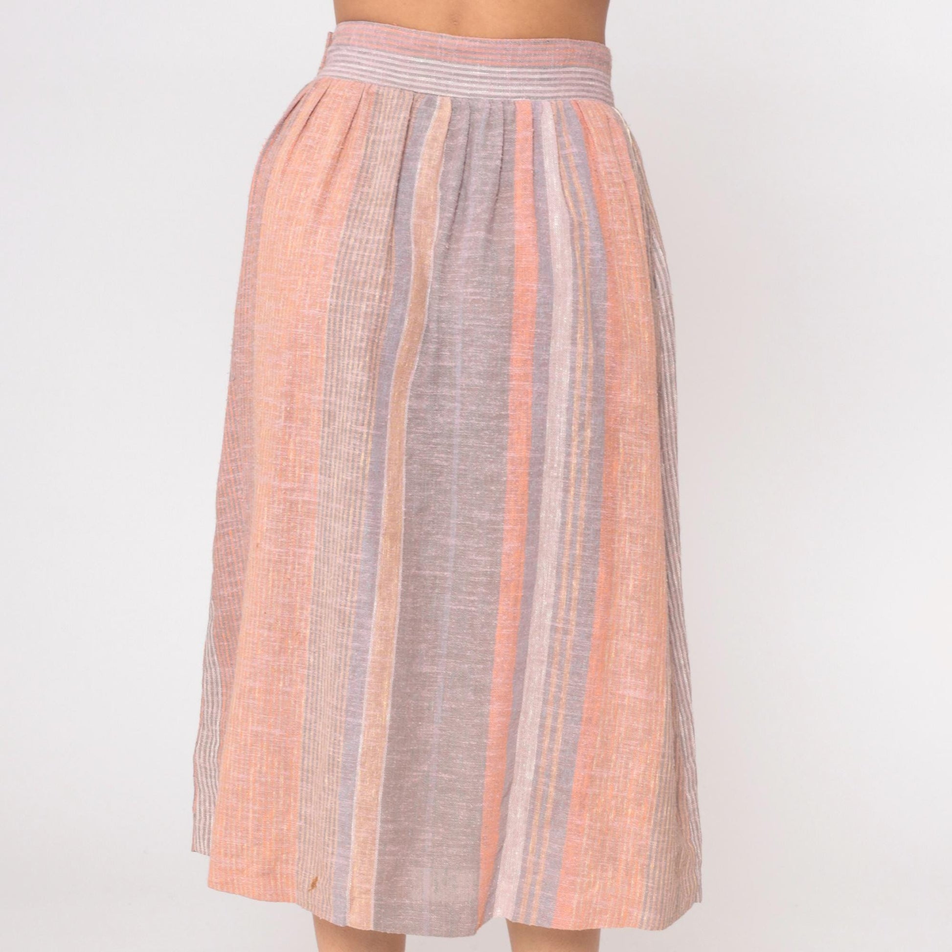 80s Striped Midi Skirt Peach Grey Cream Elastic Waist Pockets Small