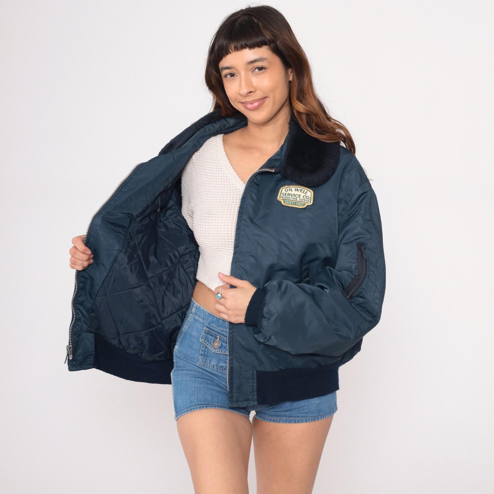 80s Navy Bomber Jacket Oil Well Service Embroidered Ken Patch XXL