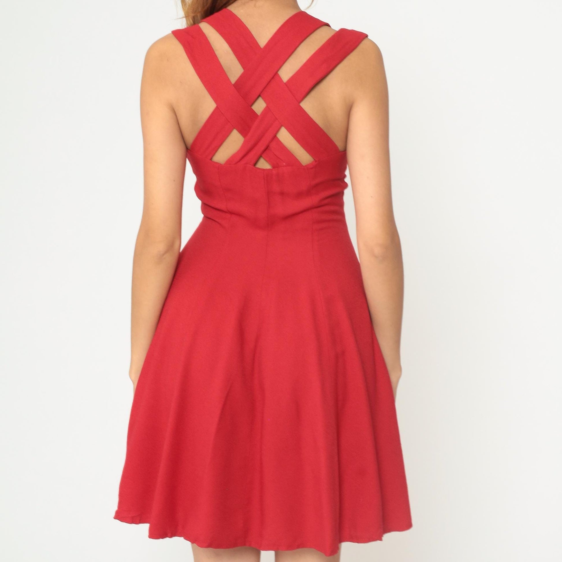 90s Tomato Red Mini Dress Cross-Back Button Front Sweetheart Neckline Small