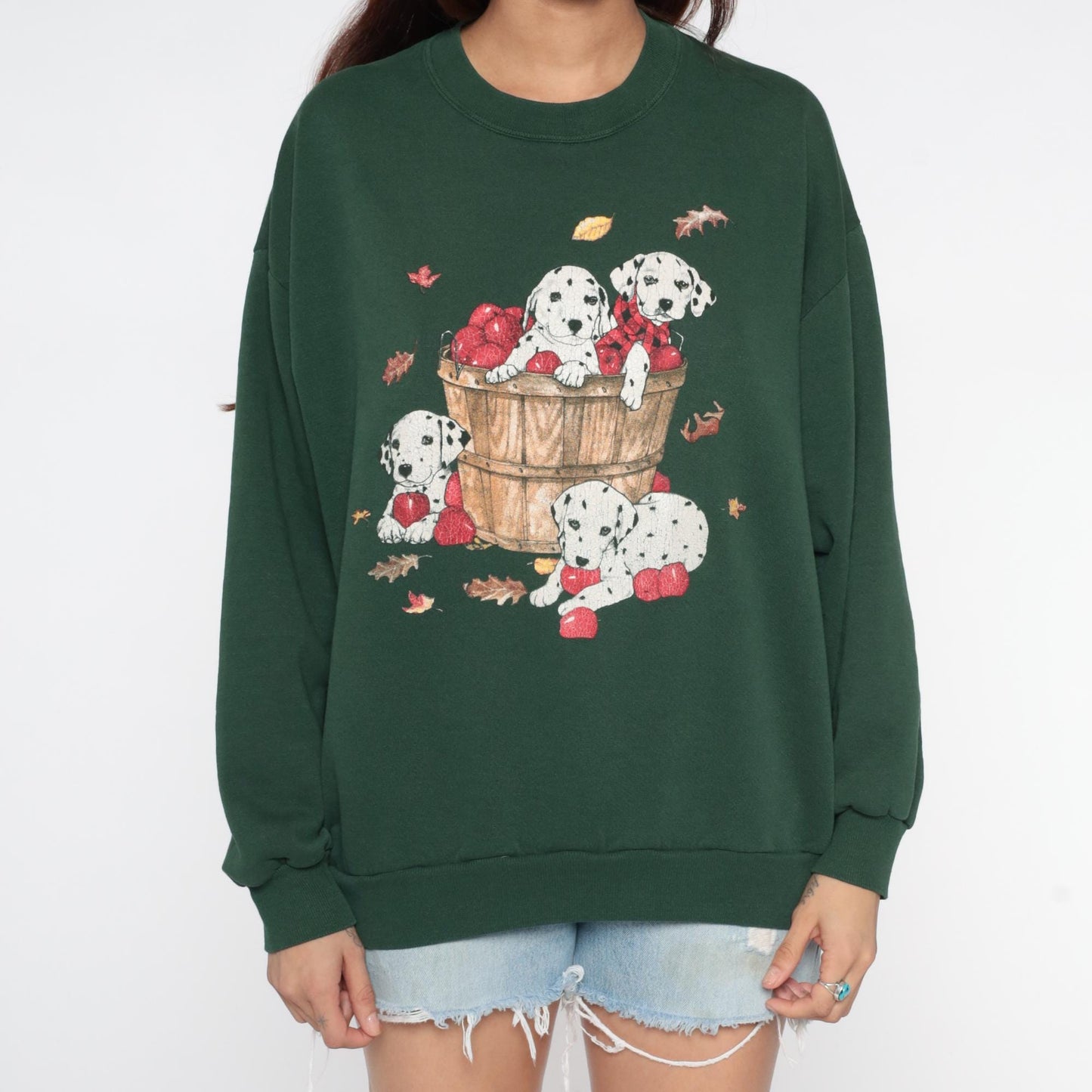 90s Dalmatian Puppy Apple Basket Sweatshirt Forest Green Graphic Large L