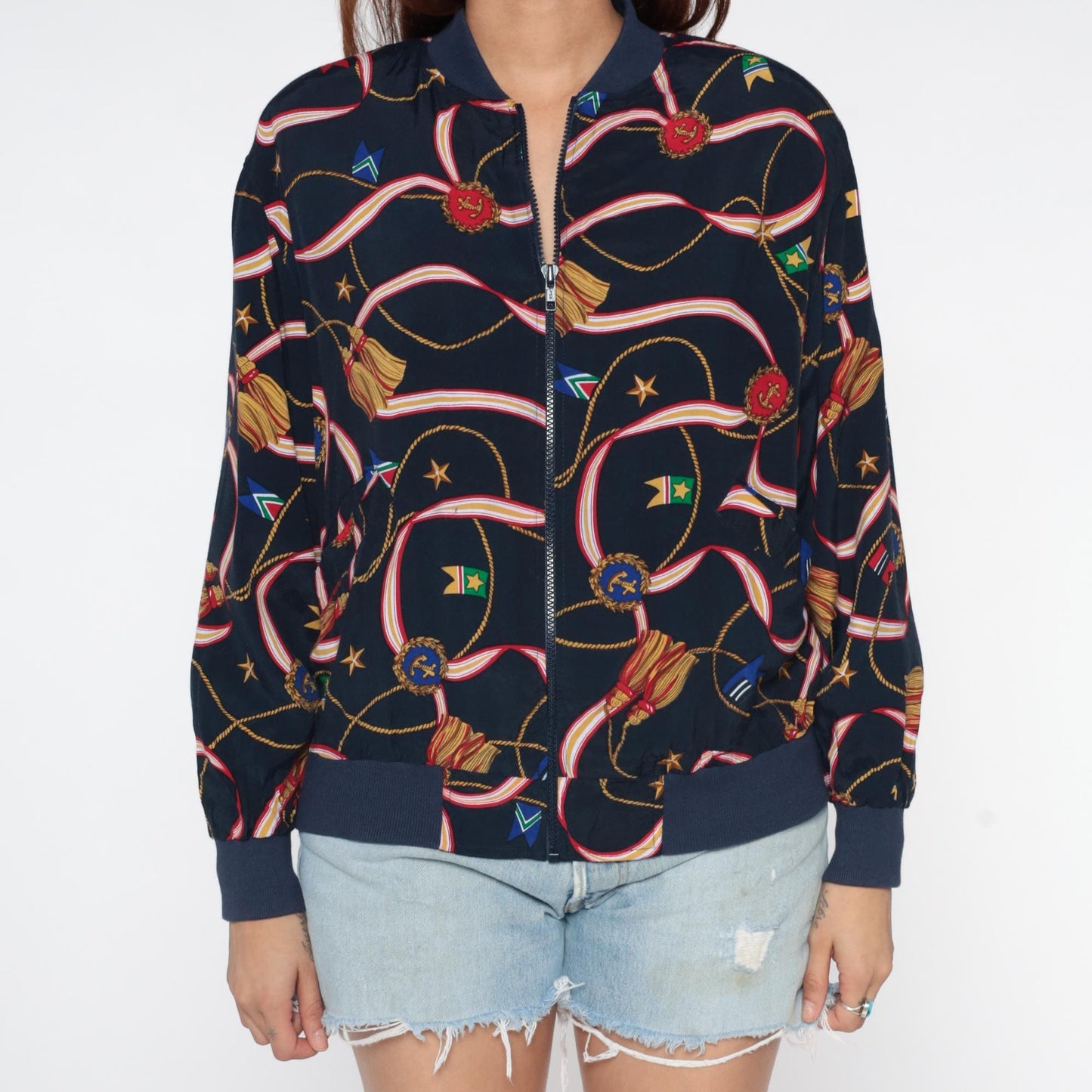 90s Alfred Dunner Nautical Bomber Jacket Navy Multicolor Medium
