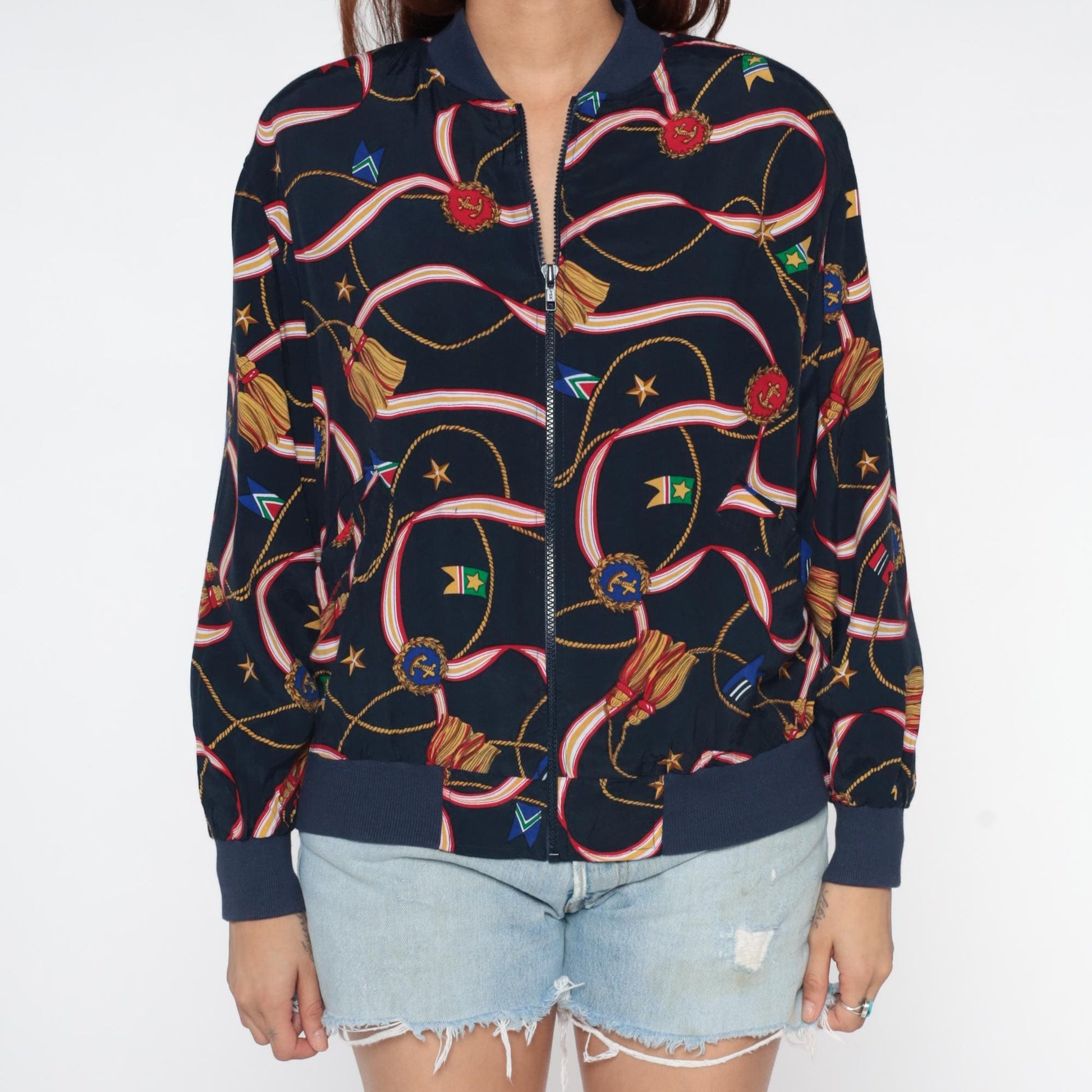 90s Alfred Dunner Nautical Bomber Jacket Navy Multicolor Medium