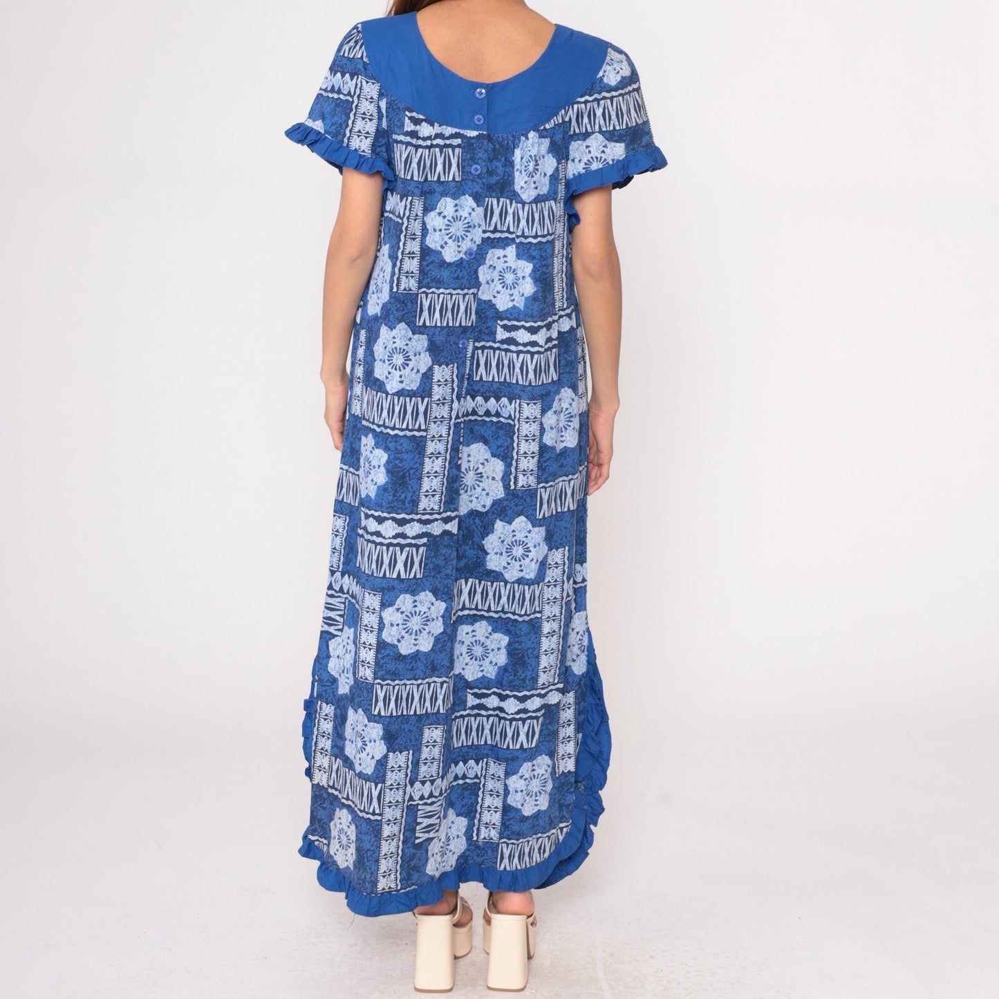 80s Blue White Geometric Tribal Maxi Dress Flutter Sleeve Scoop Neck Medium