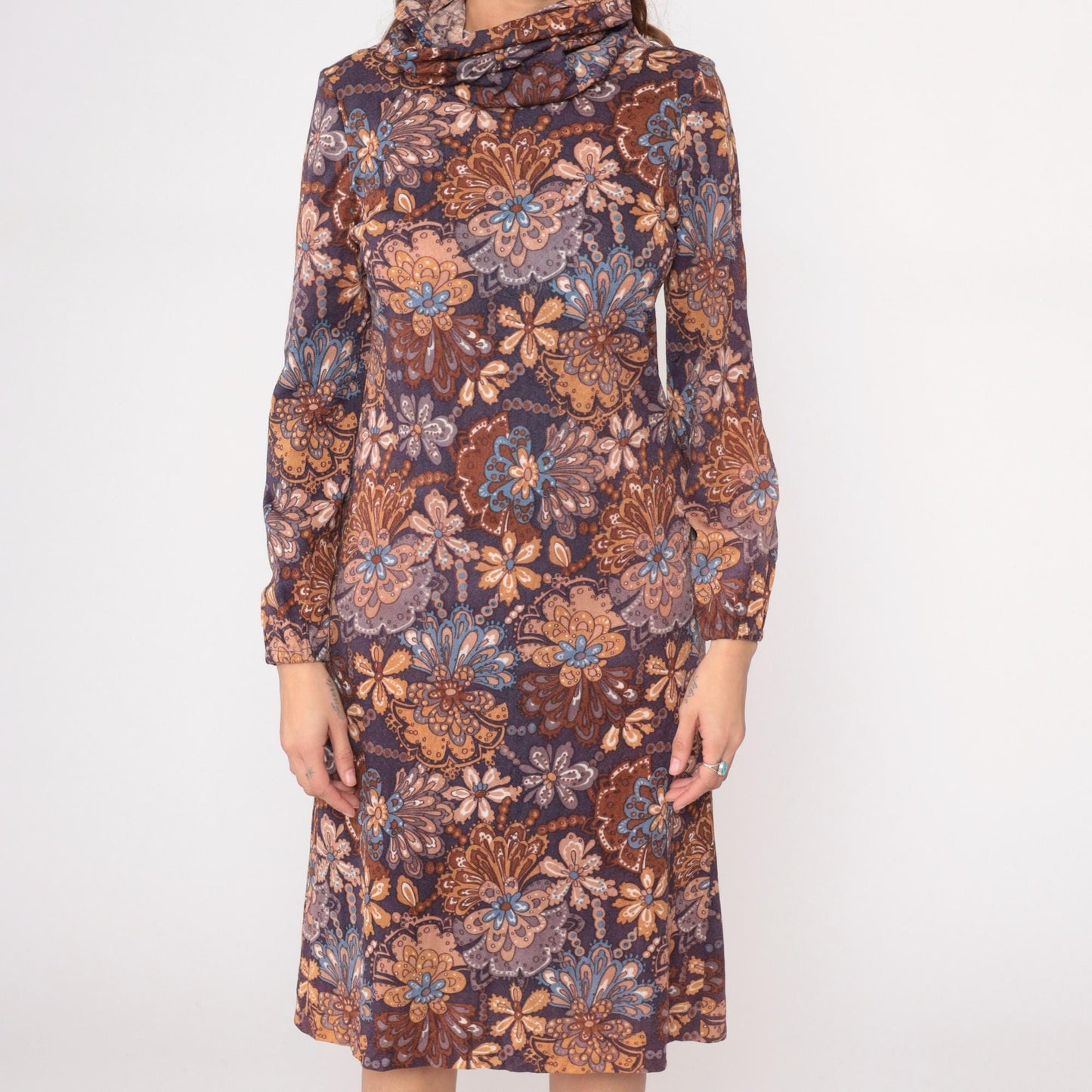 70s Brown Navy Paisley Floral Turtleneck Dress Knee-Length Small