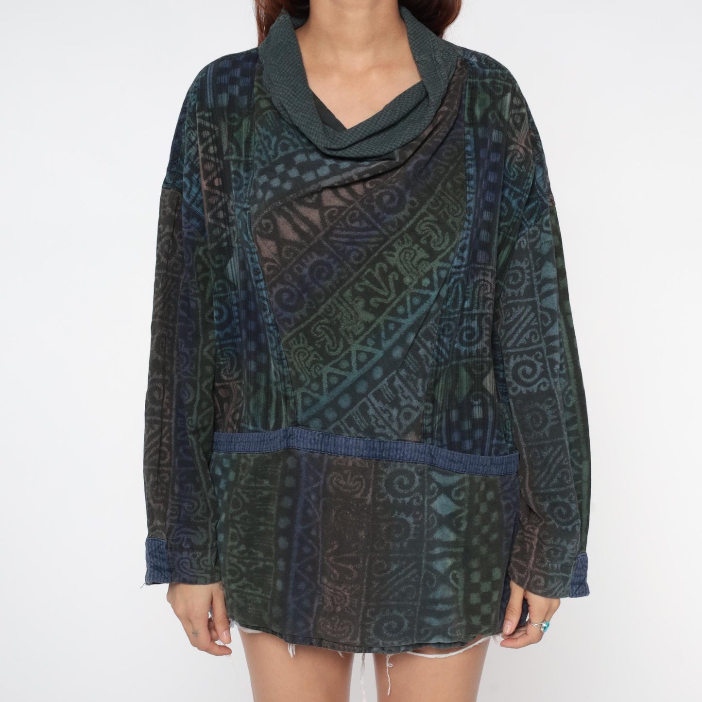 90s Winter Sun Tunic Plus Size Cowl Neck Geometric Print Extra Large XXL