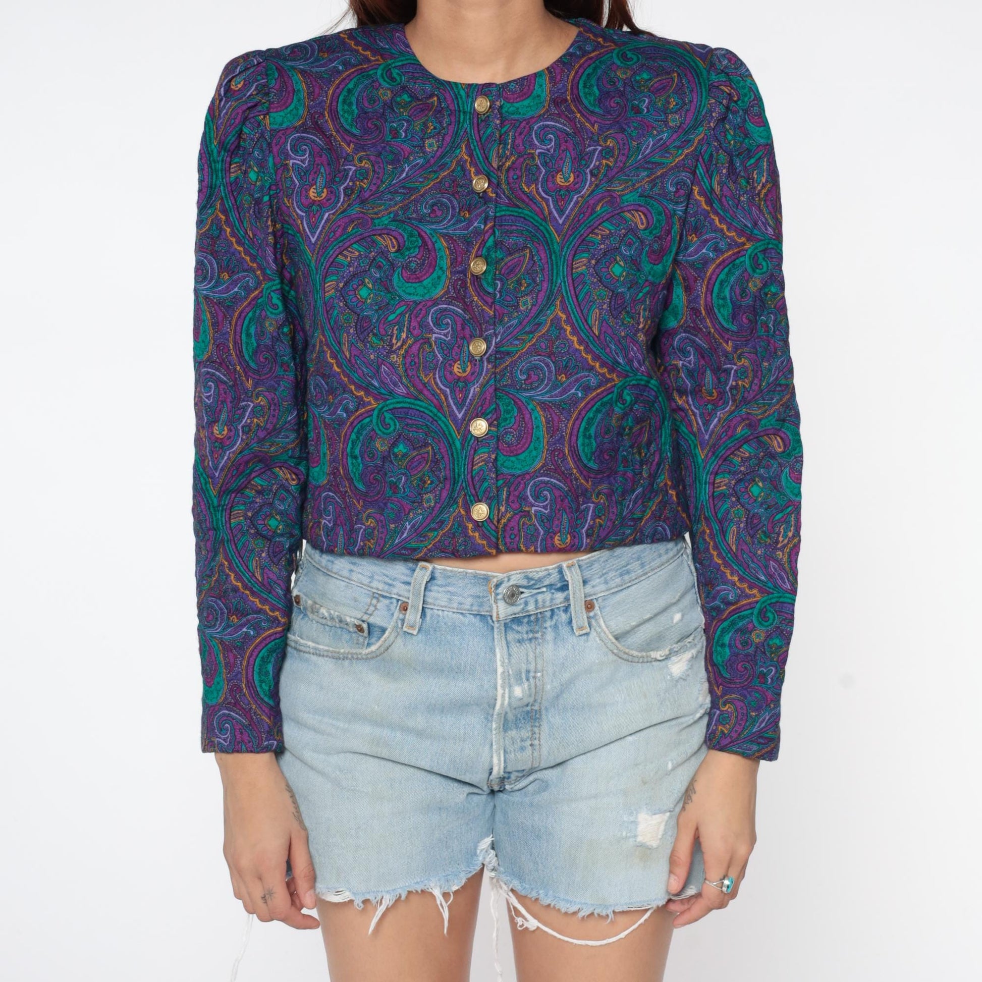 90s Jeffrey & Dare Purple Paisley Quilted Cropped Jacket Medium