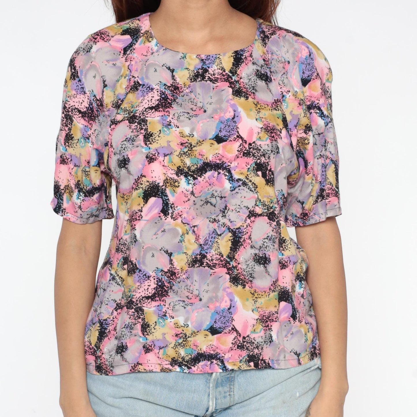 90s Floral Rayon Top Pastel Watercolor Print Scoop Neck Short Sleeve Small