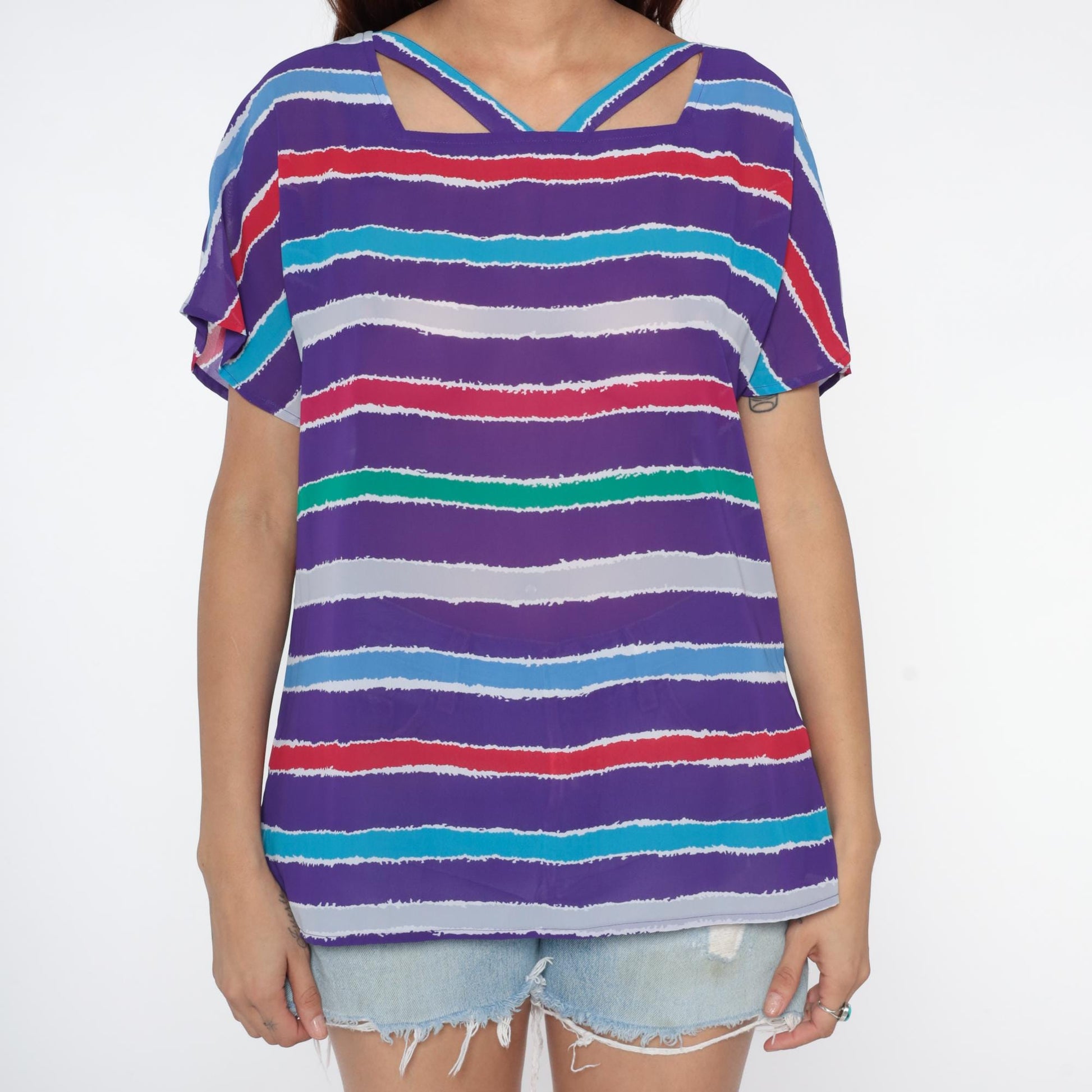 80s Purple Striped Tunic Cutout Back Geometric Short Sleeve Medium