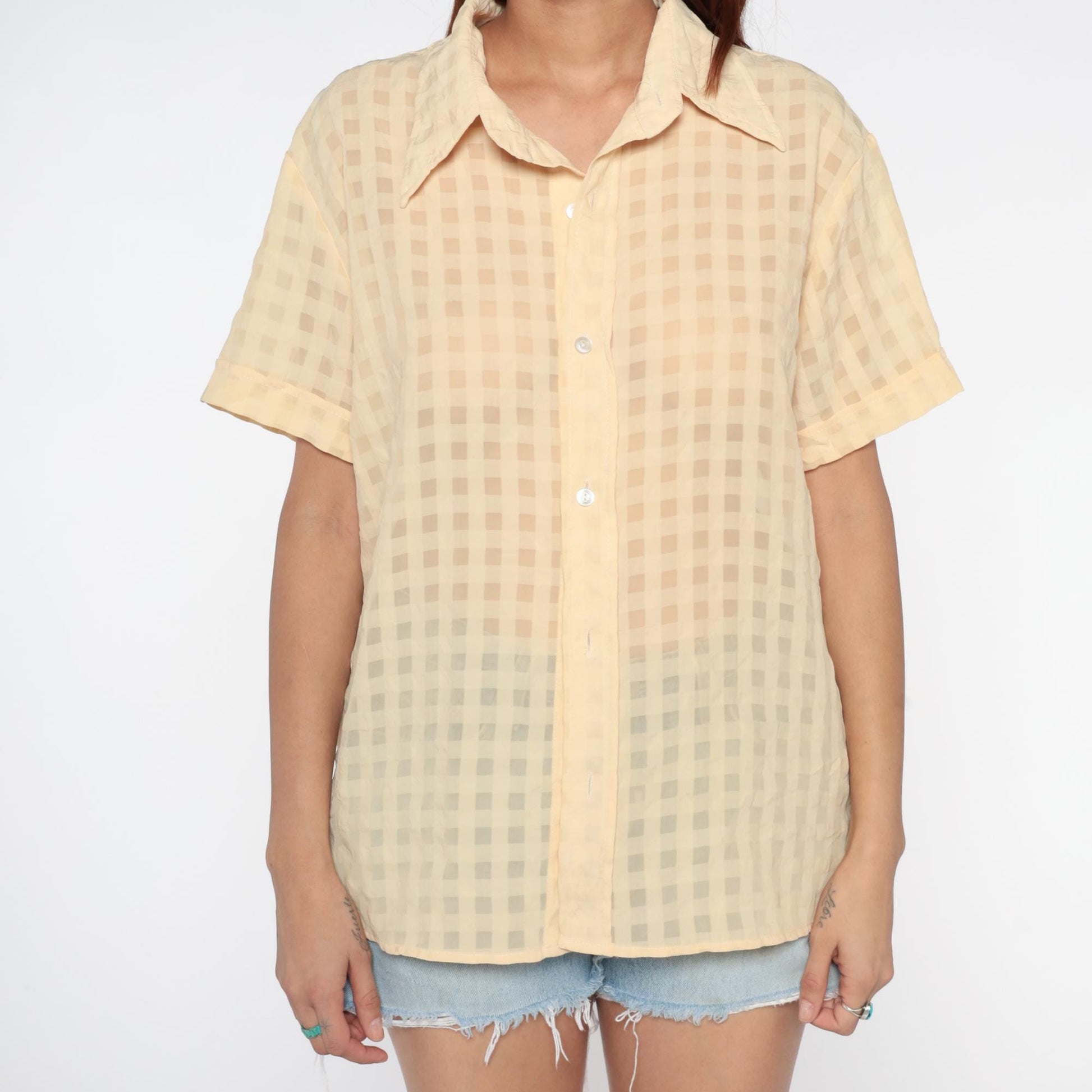 90s Denis Battochio Cream Gingham Button-Up Shirt Short Sleeve Medium M