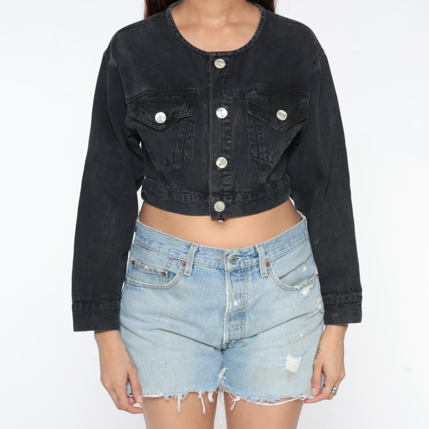 80s Black Denim Jacket Cropped Fitted Collarless Bleach Distressed Small S