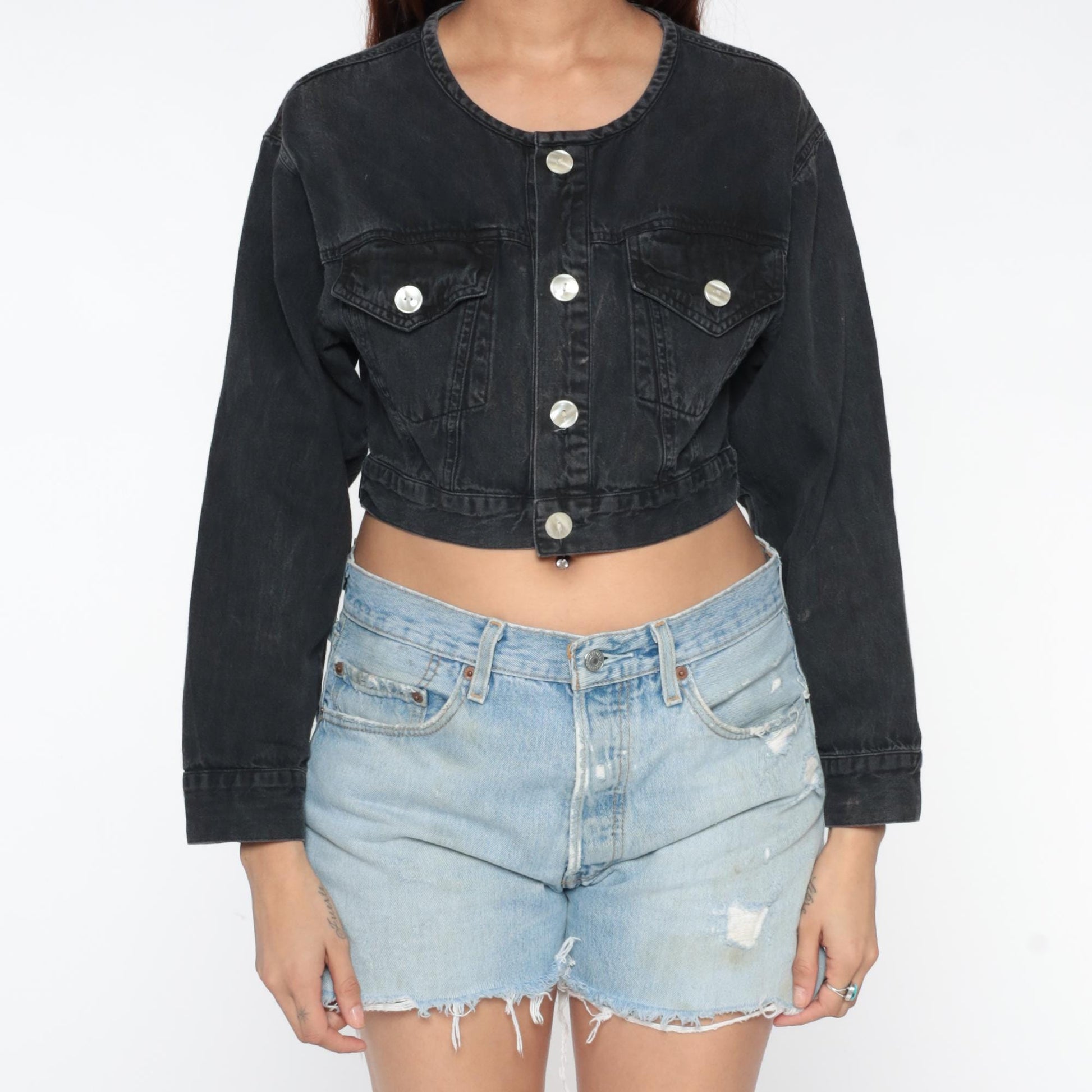 80s Black Denim Jacket Cropped Fitted Collarless Bleach Distressed Small S