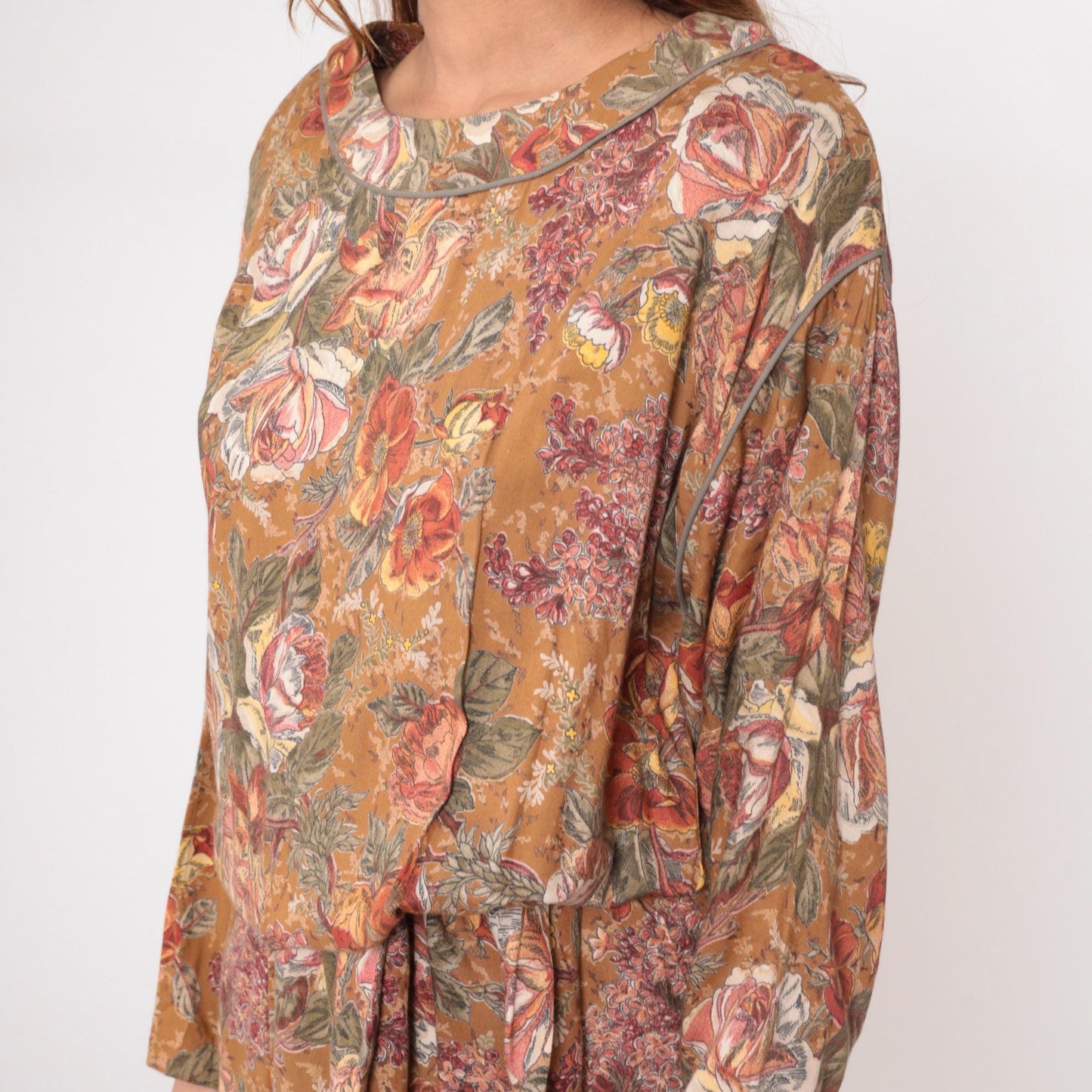 90s Carole Little Floral Midi Dress Long Sleeve Blouson Waist Brown Medium