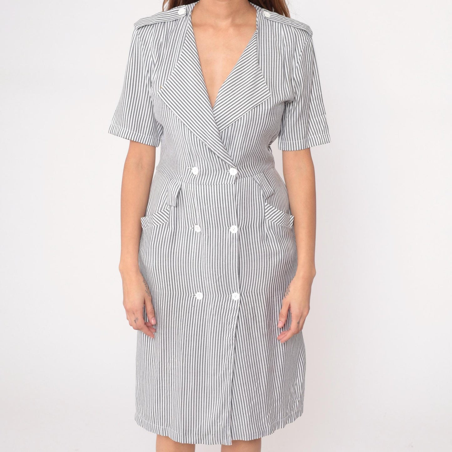 90s Pinstriped Blazer Dress Grey White Double Breasted Midi Medium M