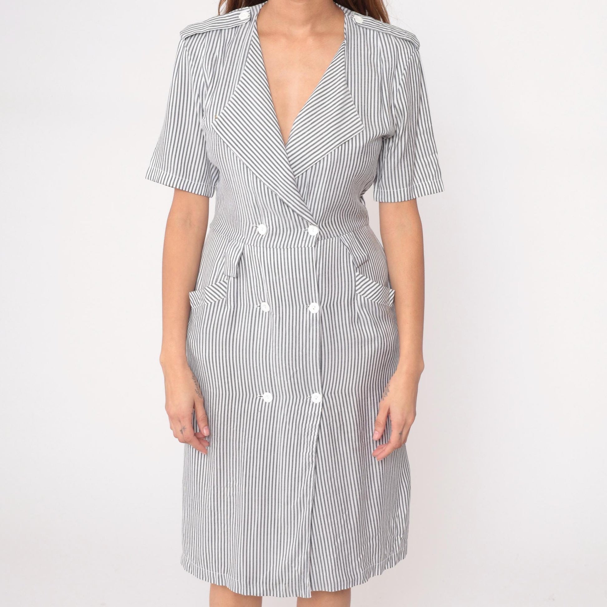 90s Pinstriped Blazer Dress Grey White Double Breasted Midi Medium M