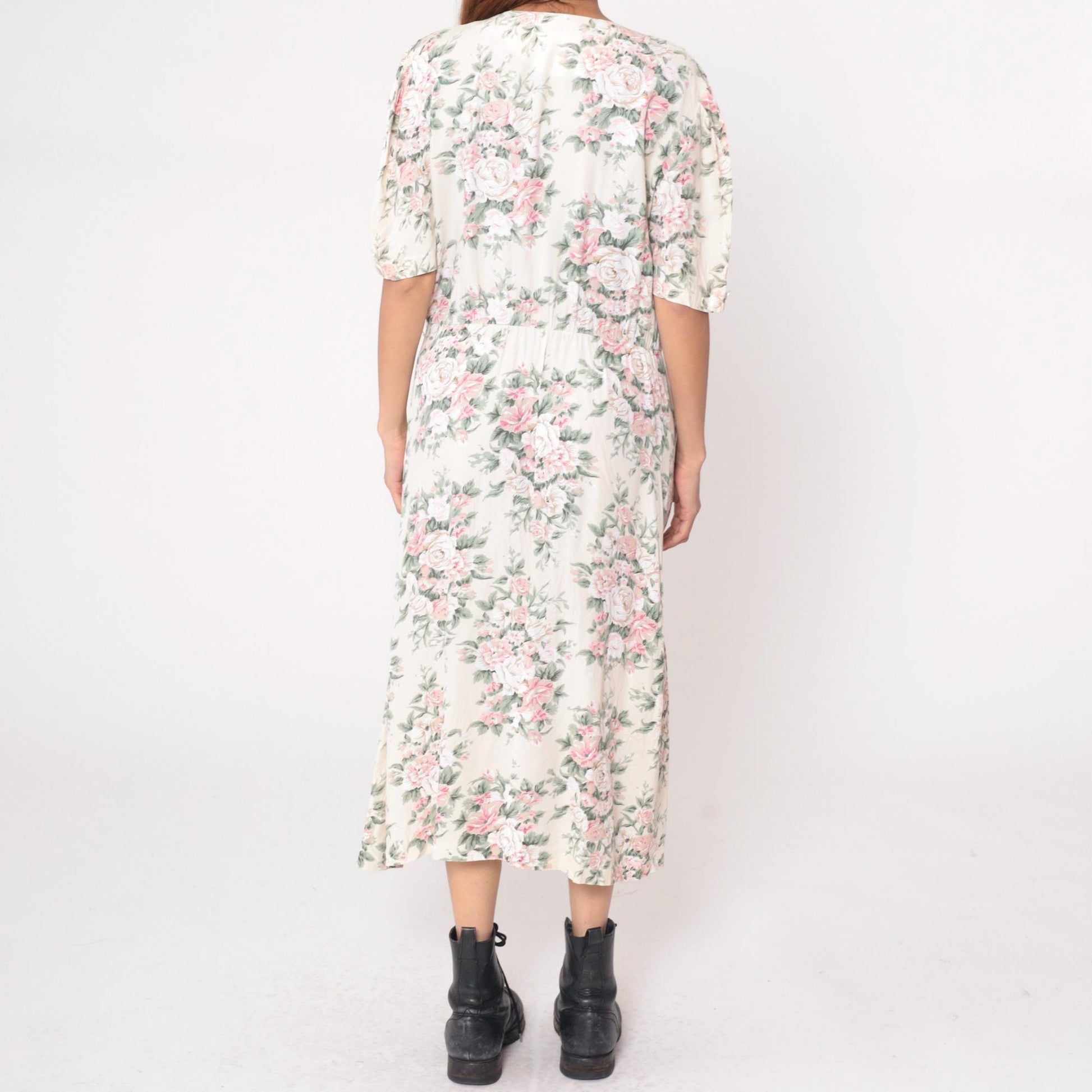 90s Jessica Ryan Floral Midi Dress Pink Rose Print Cream Flutter Sleeve Large