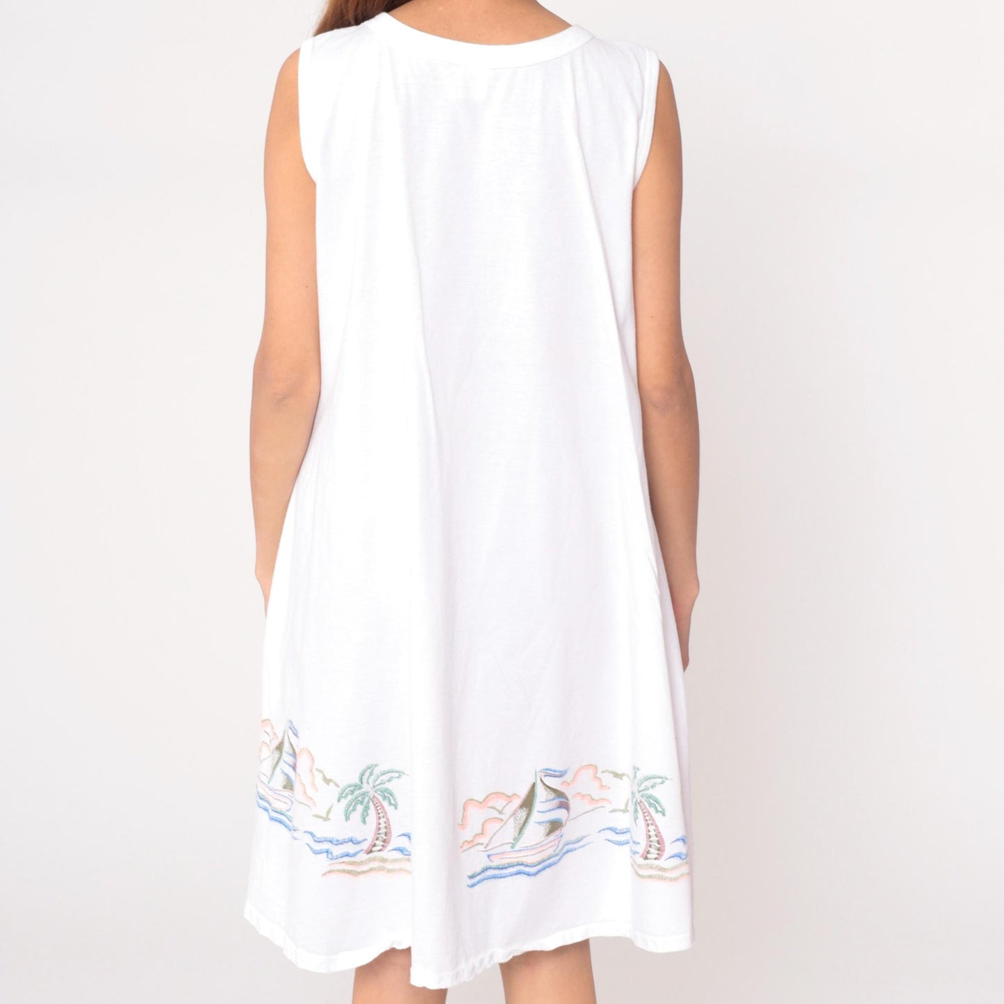 90s Mazatlan Mexico Embroidered White Cotton Shift Dress Large