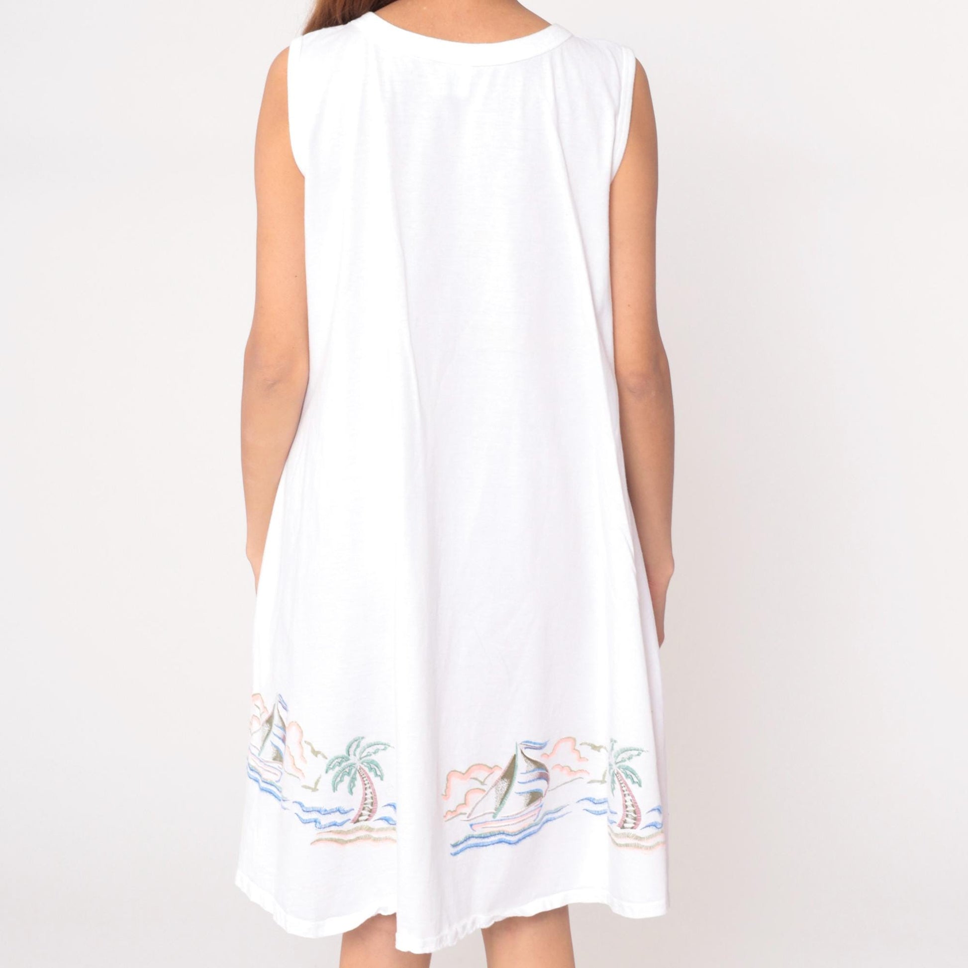 90s Mazatlan Mexico Embroidered White Cotton Shift Dress Large