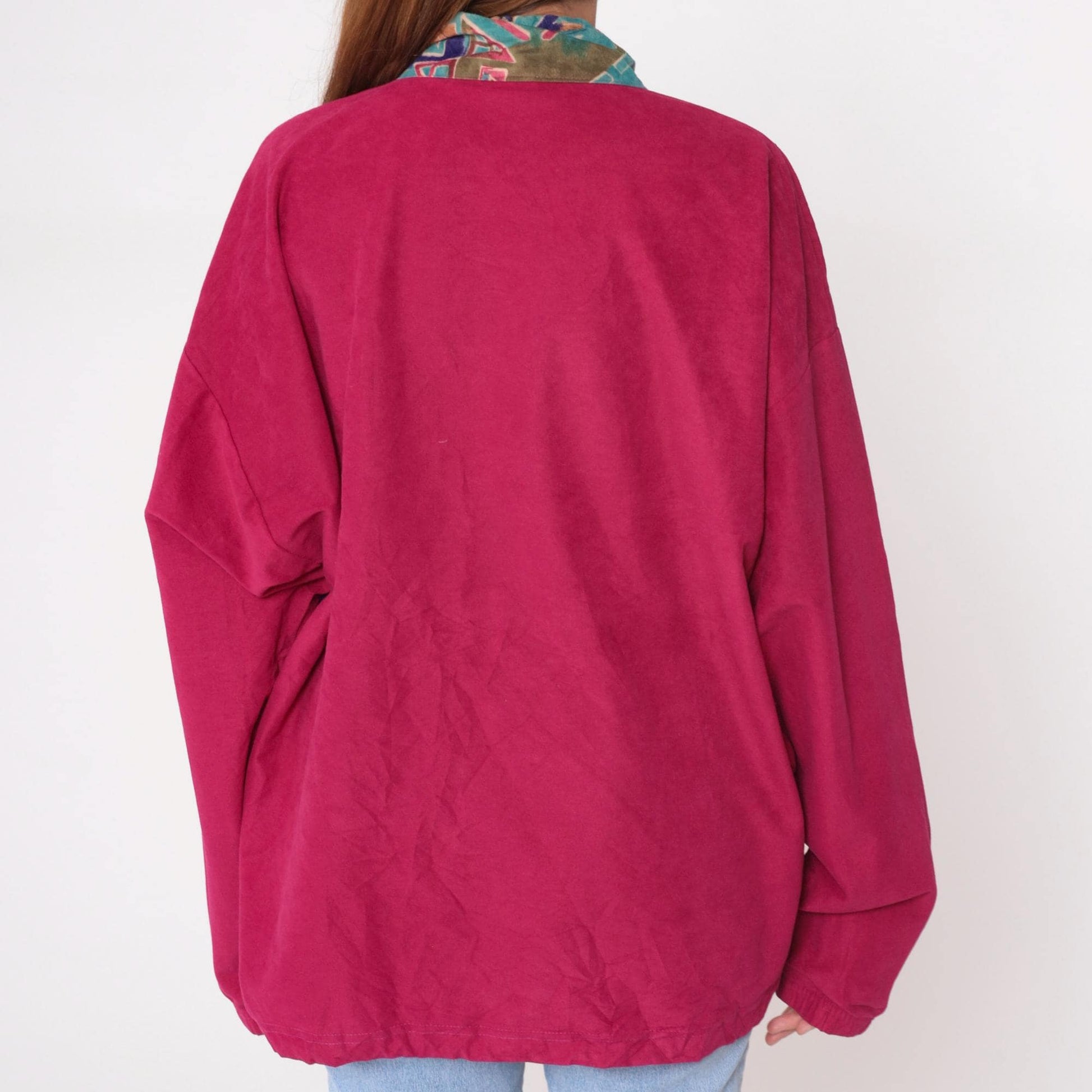 90s Sun Triangle Hot Pink Fleece Half-Zip Pullover Geometric Pattern Large