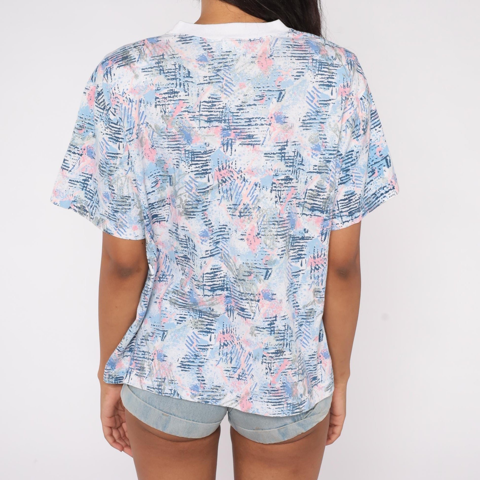 90s Abstract Brushstroke T-Shirt Pastel Blue Pink Grey Small
