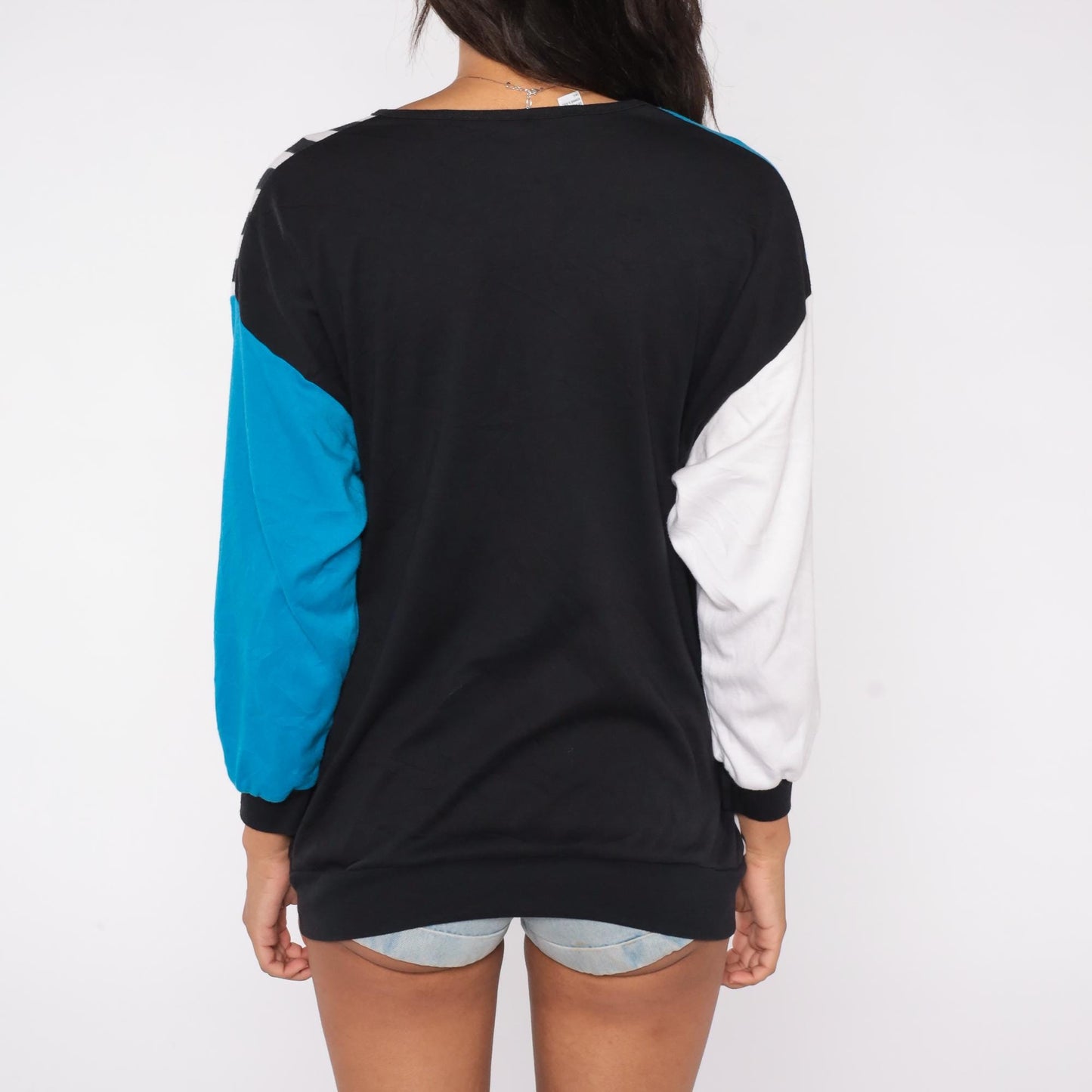 90s Bonnie and Bill Colorblock Sweatshirt Geometric Studs Black Blue Yellow Large