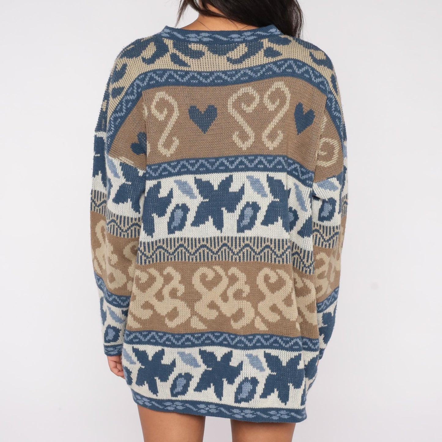 80s Nan Dorsey Fair Isle Sweater Nordic Hearts Blue Brown Geometric Knit Extra Large